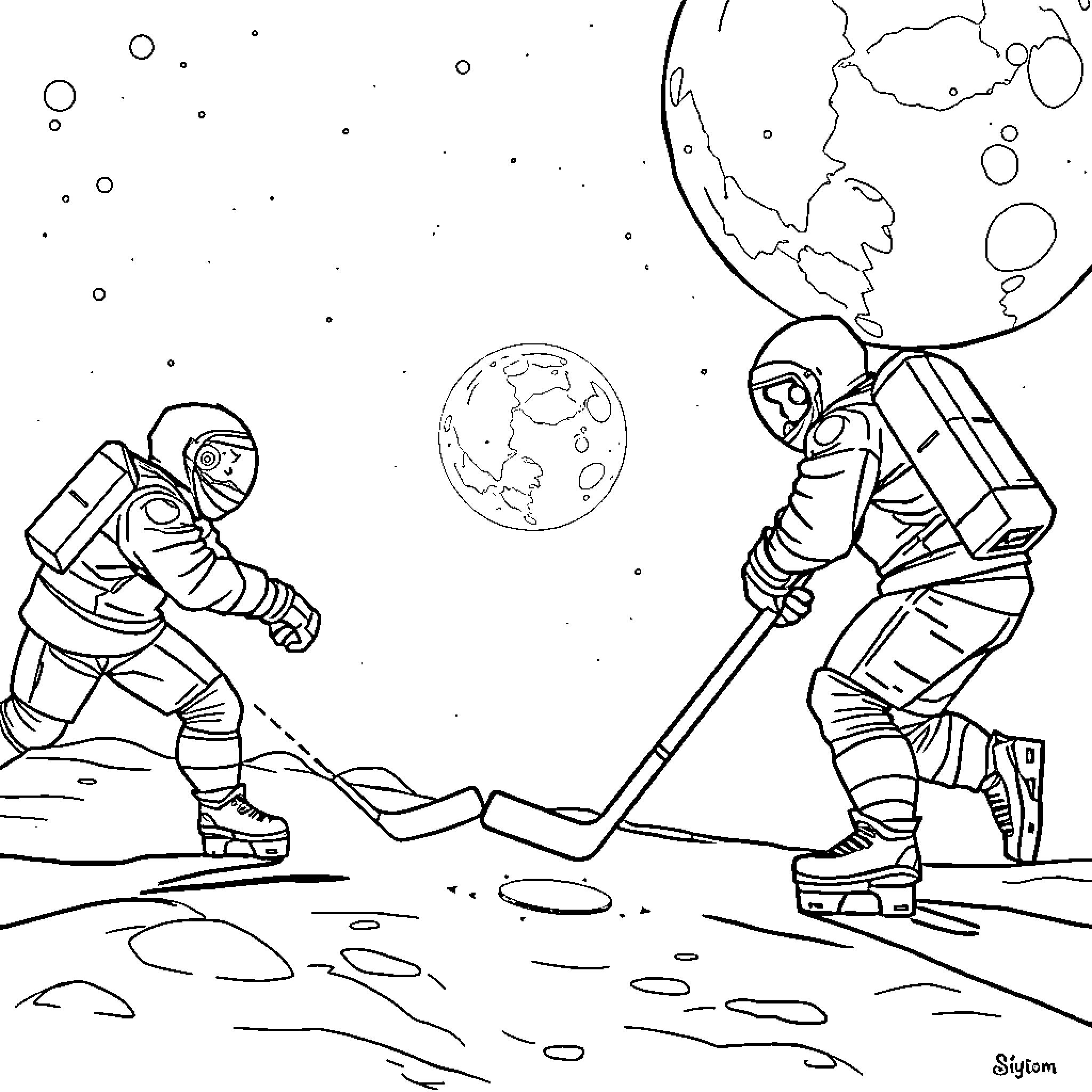 Hockey in Space with Astronauts Coloring Page (free black-and-white line drawing printable PDF for all, from beginners to advanced learners, including children, teens, adults, and seniors)