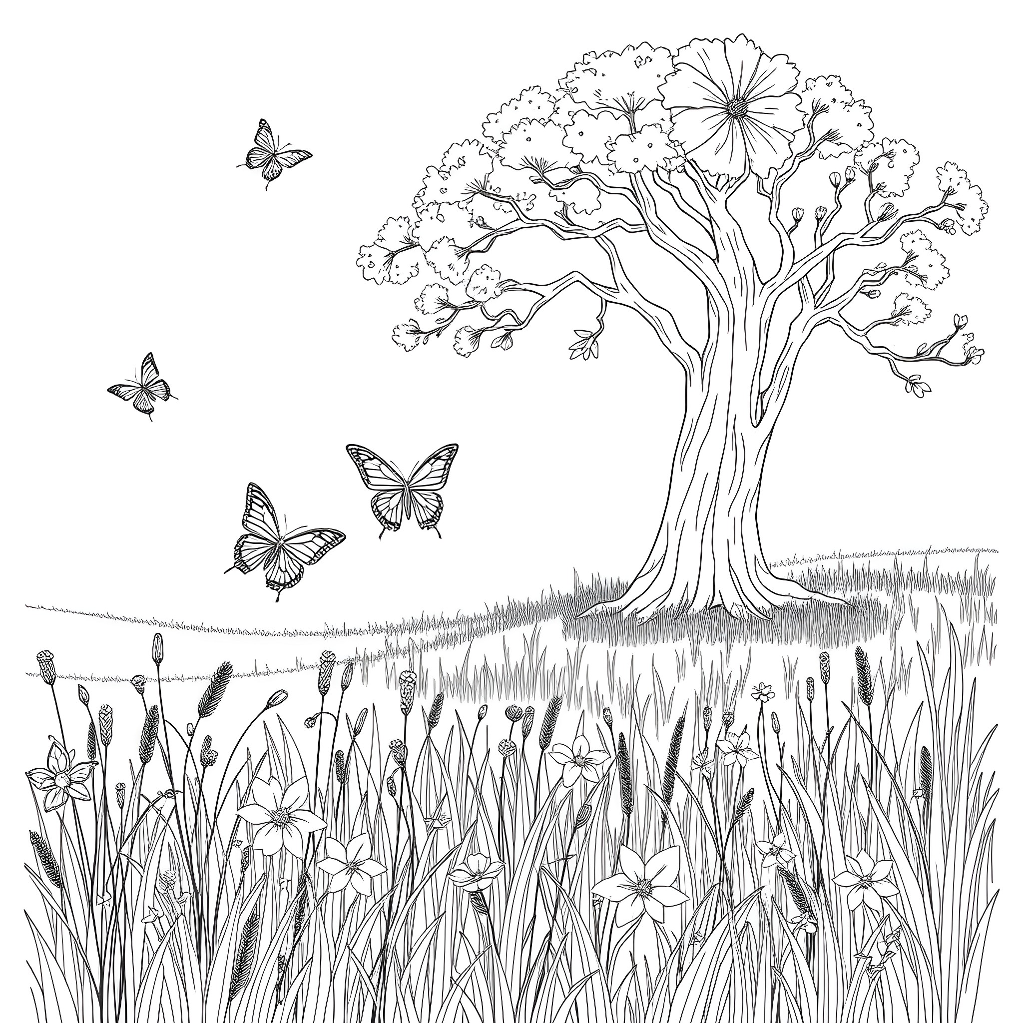 Butterfly Tree and Floral Meadow Coloring Page (free black-and-white line drawing printable PDF for all, from beginners to advanced learners, including children, teens, adults, and seniors)