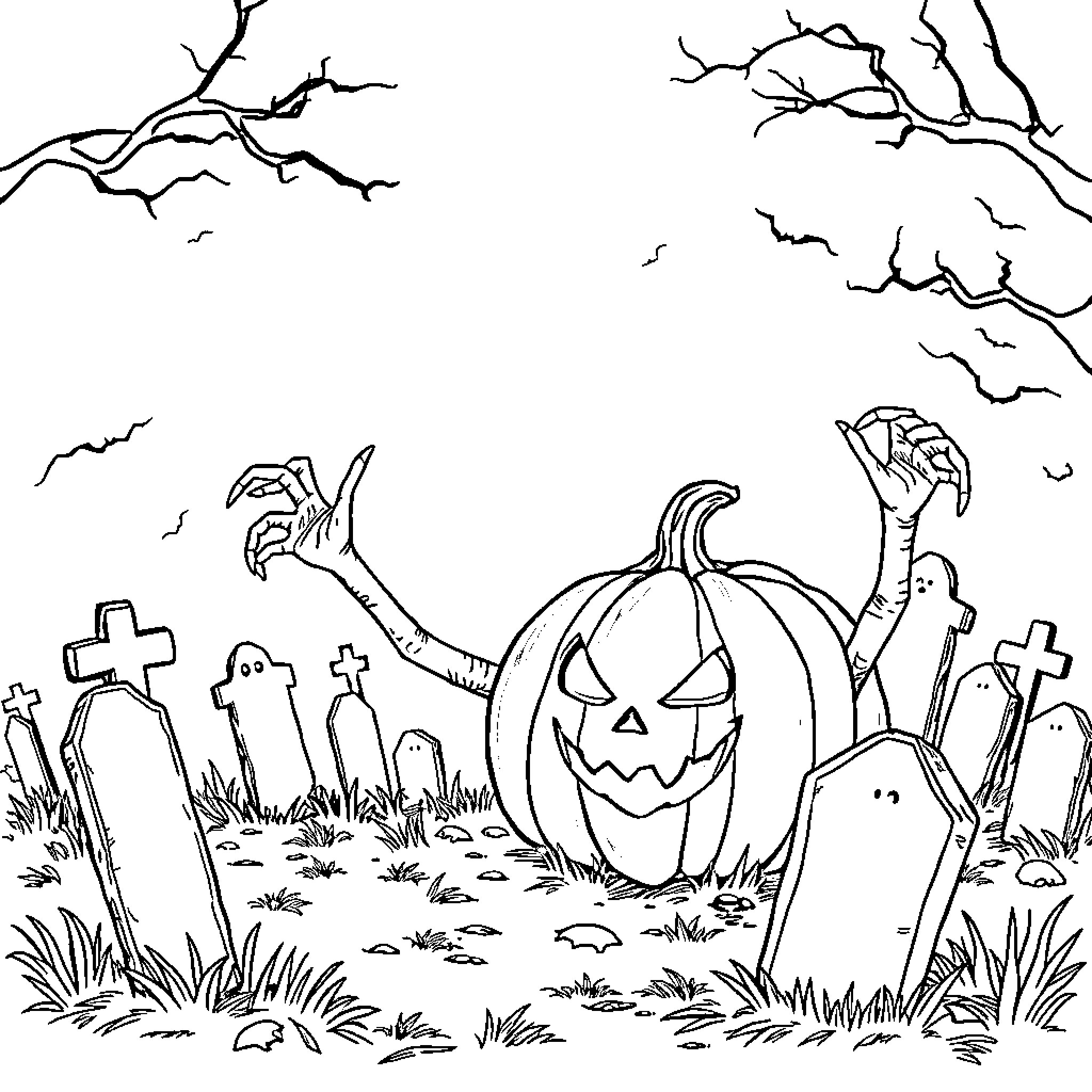 Pumpkin in the Graveyard Coloring Page (free black-and-white line drawing printable PDF for all, from beginners to advanced learners, including children, teens, adults, and seniors)
