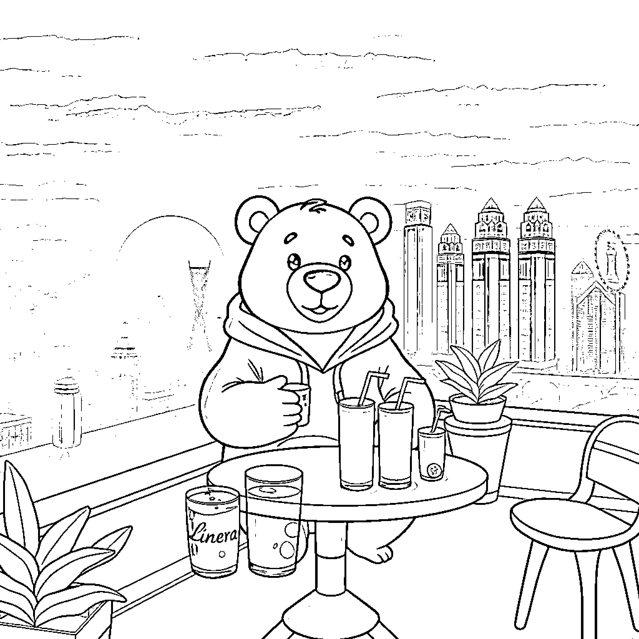 Bear relaxing with drinks on balcony overlooking city Coloring Page (free black-and-white line drawing printable PDF for all, from beginners to advanced learners, including children, teens, adults, and seniors)