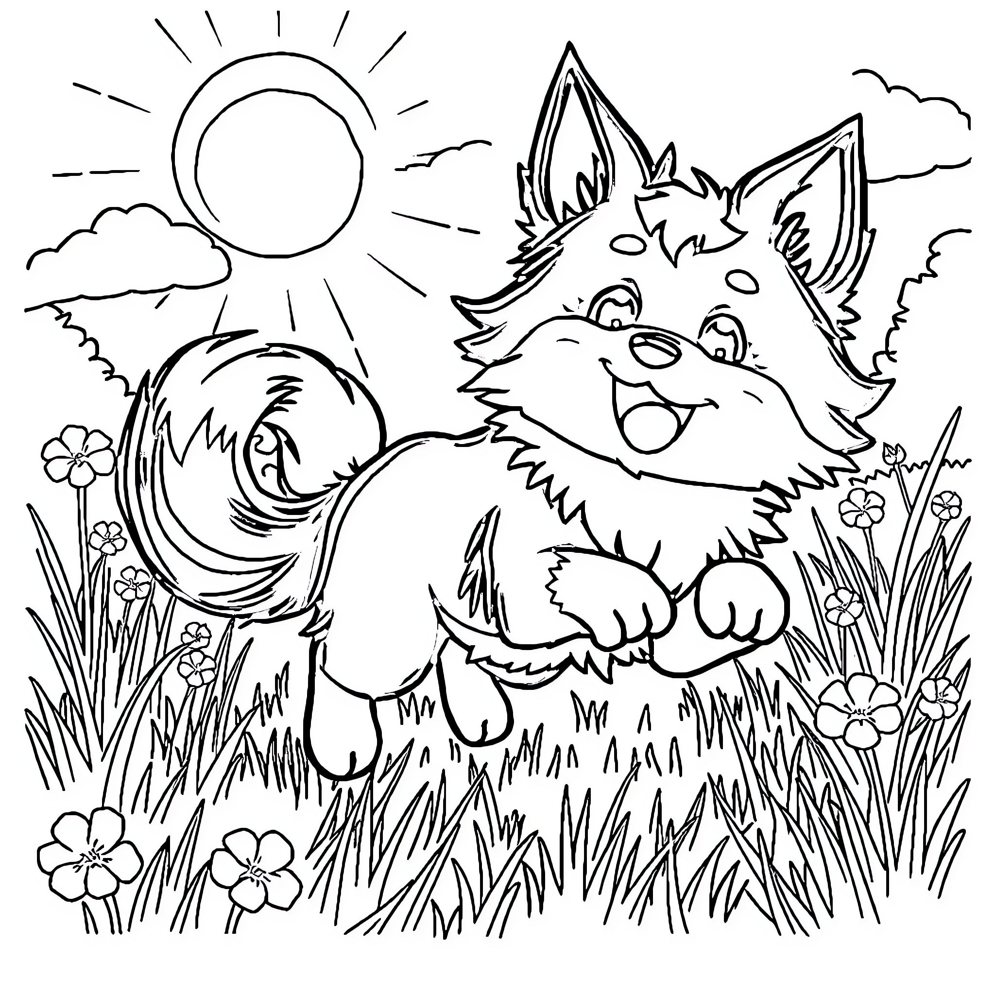 Kuromi enjoying a sunny day in the meadow Coloring Page (free black-and-white line drawing printable PDF for all, from beginners to advanced learners, including children, teens, adults, and seniors)