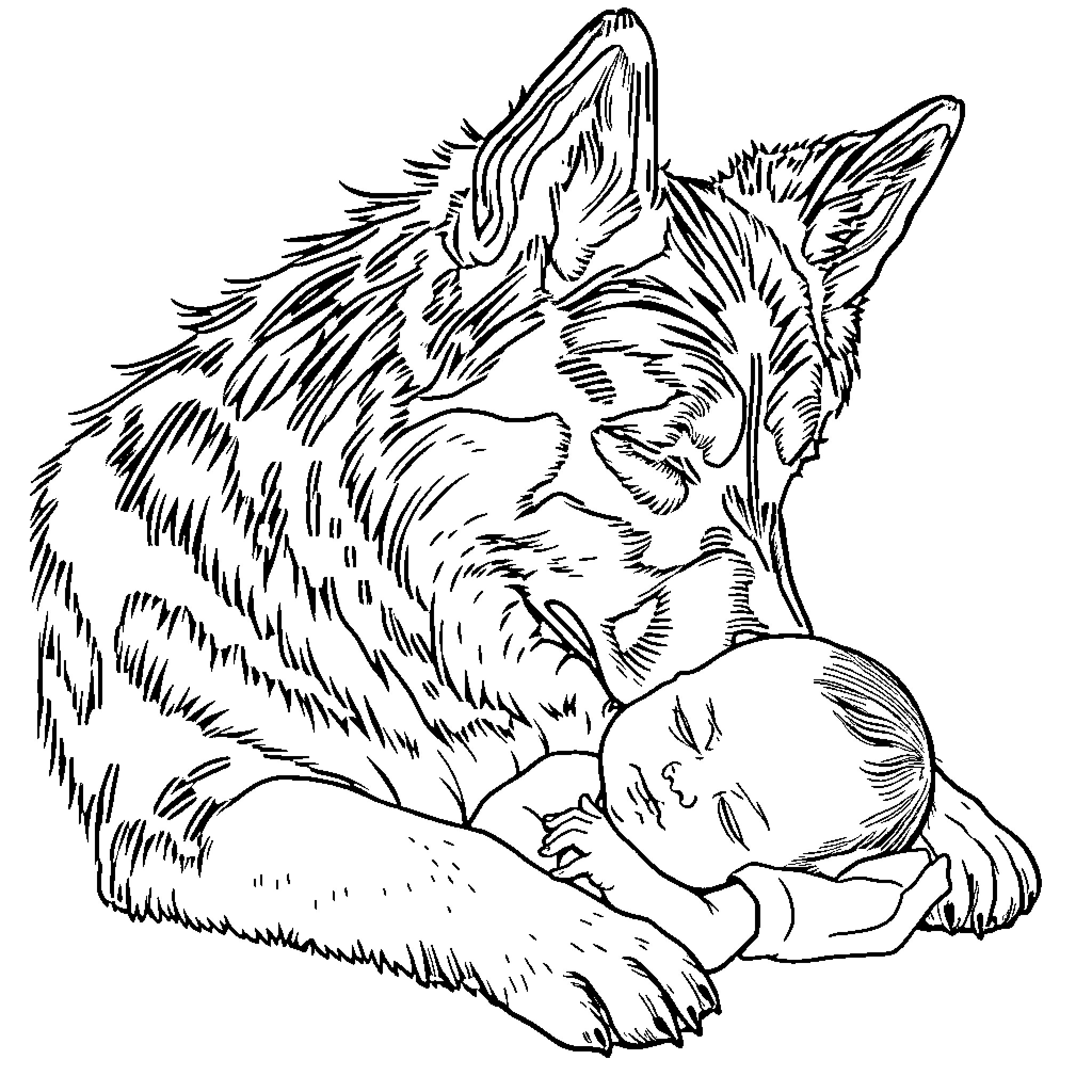 Berger Allemand protectively guarding a sleeping infant Coloring Page (free black-and-white line drawing printable PDF for all, from beginners to advanced learners, including children, teens, adults, and seniors)
