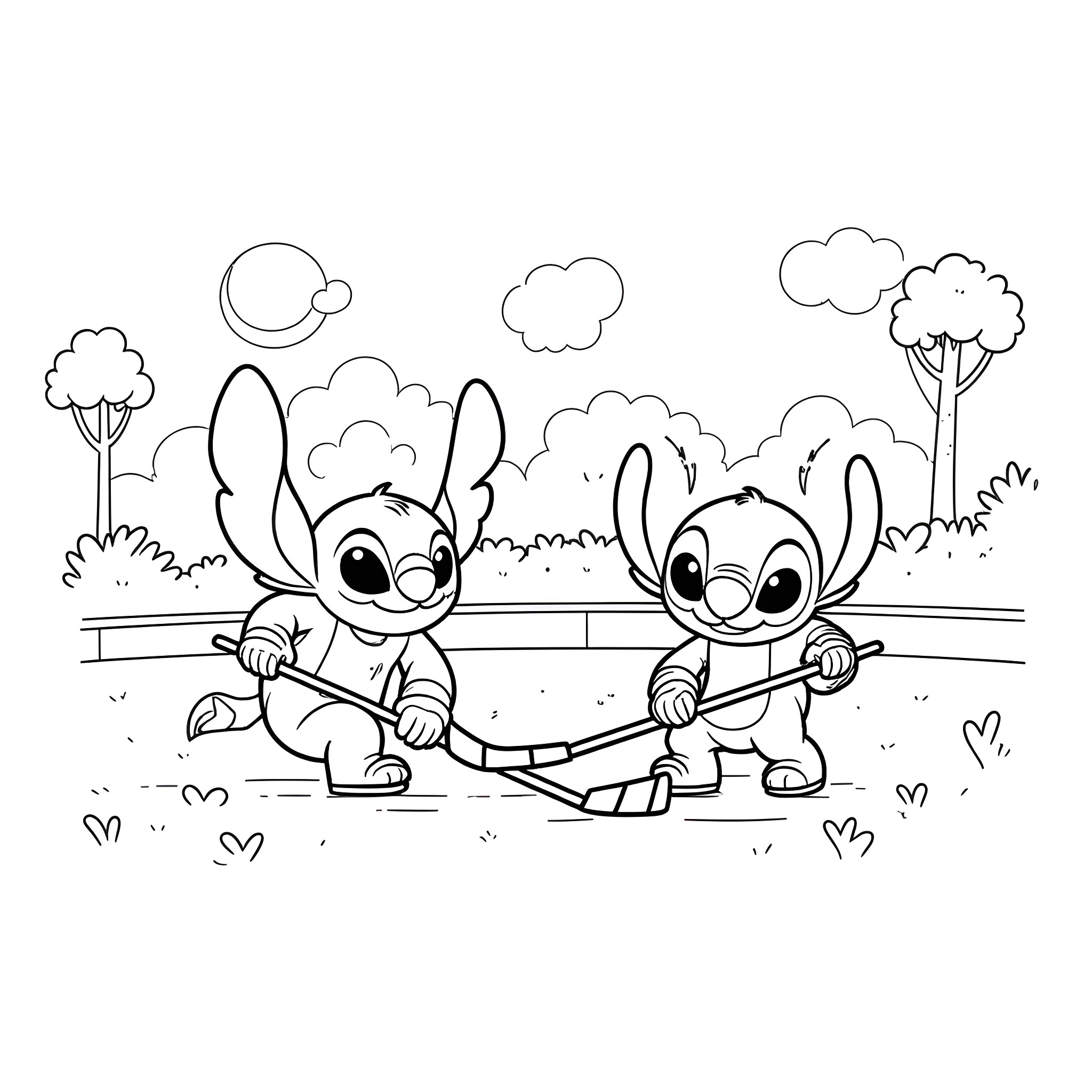 Lilo and Stitch playing together in the park Coloring Page (free black-and-white line drawing printable PDF for all, from beginners to advanced learners, including children, teens, adults, and seniors)