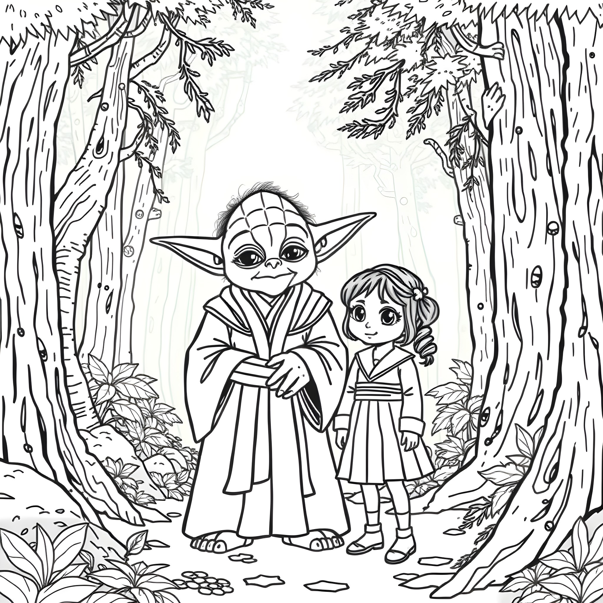 Yoda and child in the enchanted forest Coloring Page (free black-and-white line drawing printable PDF for all, from beginners to advanced learners, including children, teens, adults, and seniors)