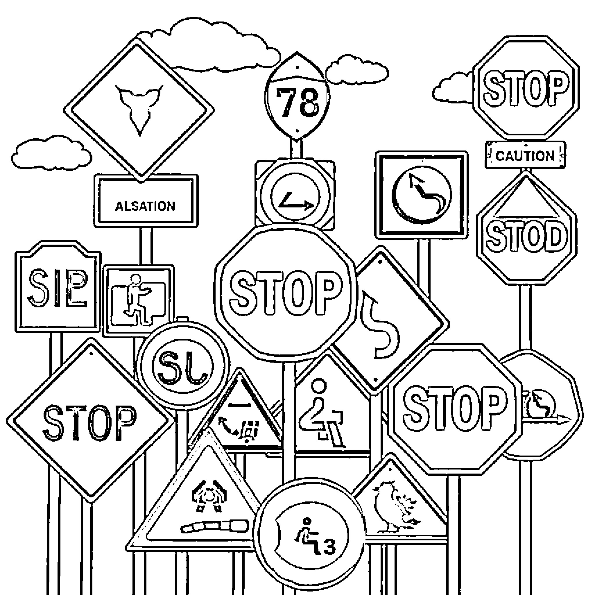 Sign of Various Traffic Signals and Road Signs Coloring Page (free black-and-white line drawing printable PDF for all, from beginners to advanced learners, including children, teens, adults, and seniors)