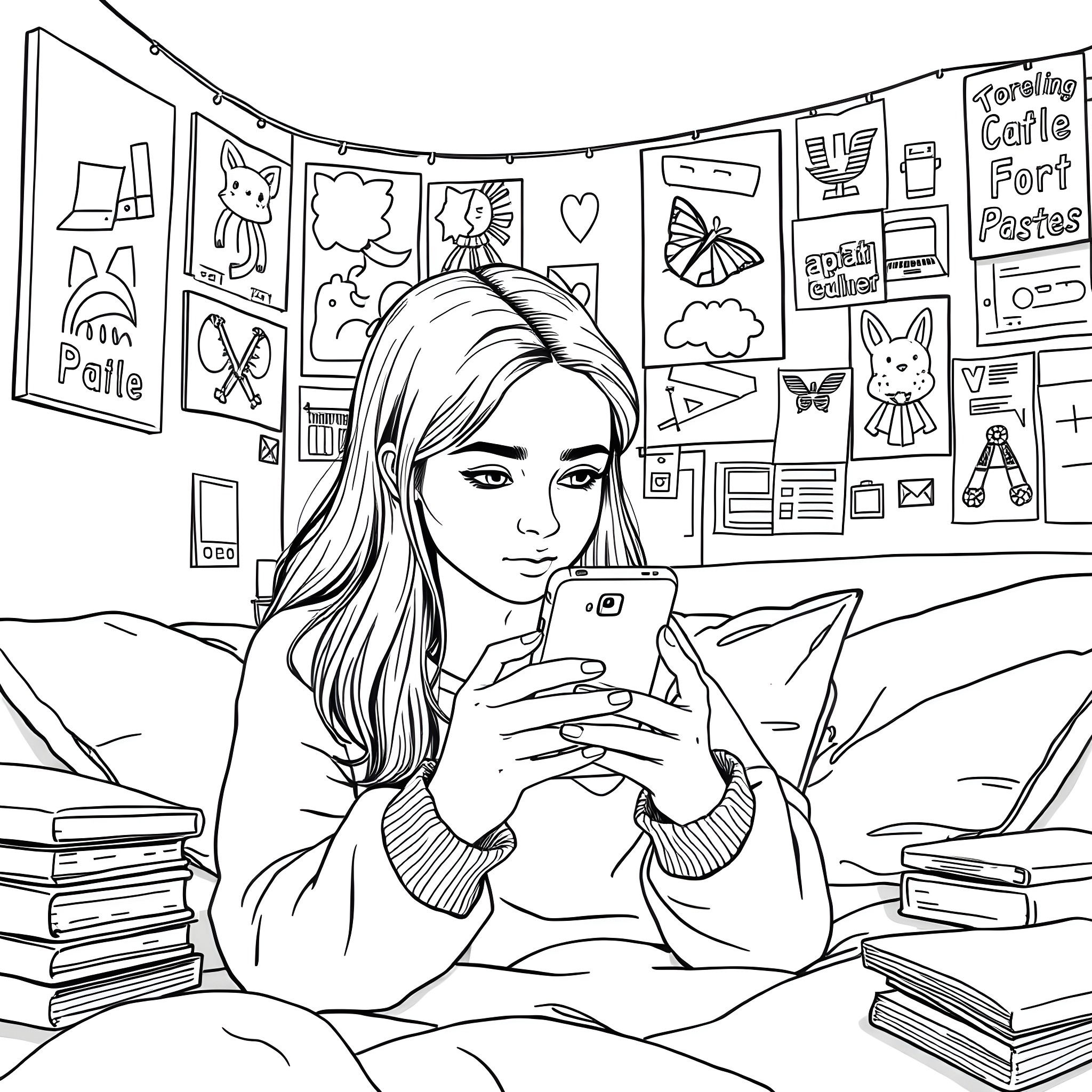 Teenage Girl Using Smartphone in Room Coloring Page (free black-and-white line drawing printable PDF for all, from beginners to advanced learners, including children, teens, adults, and seniors)