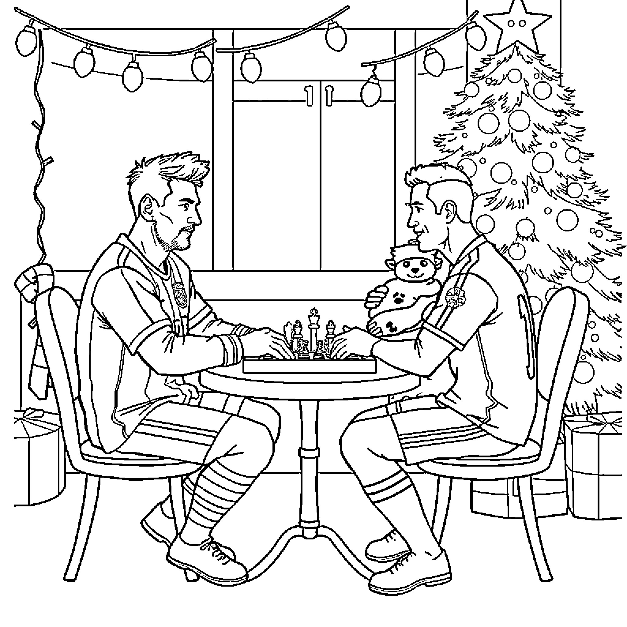 Messi playing chess with friend near Christmas tree Coloring Page (free black-and-white line drawing printable PDF for all, from beginners to advanced learners, including children, teens, adults, and seniors)