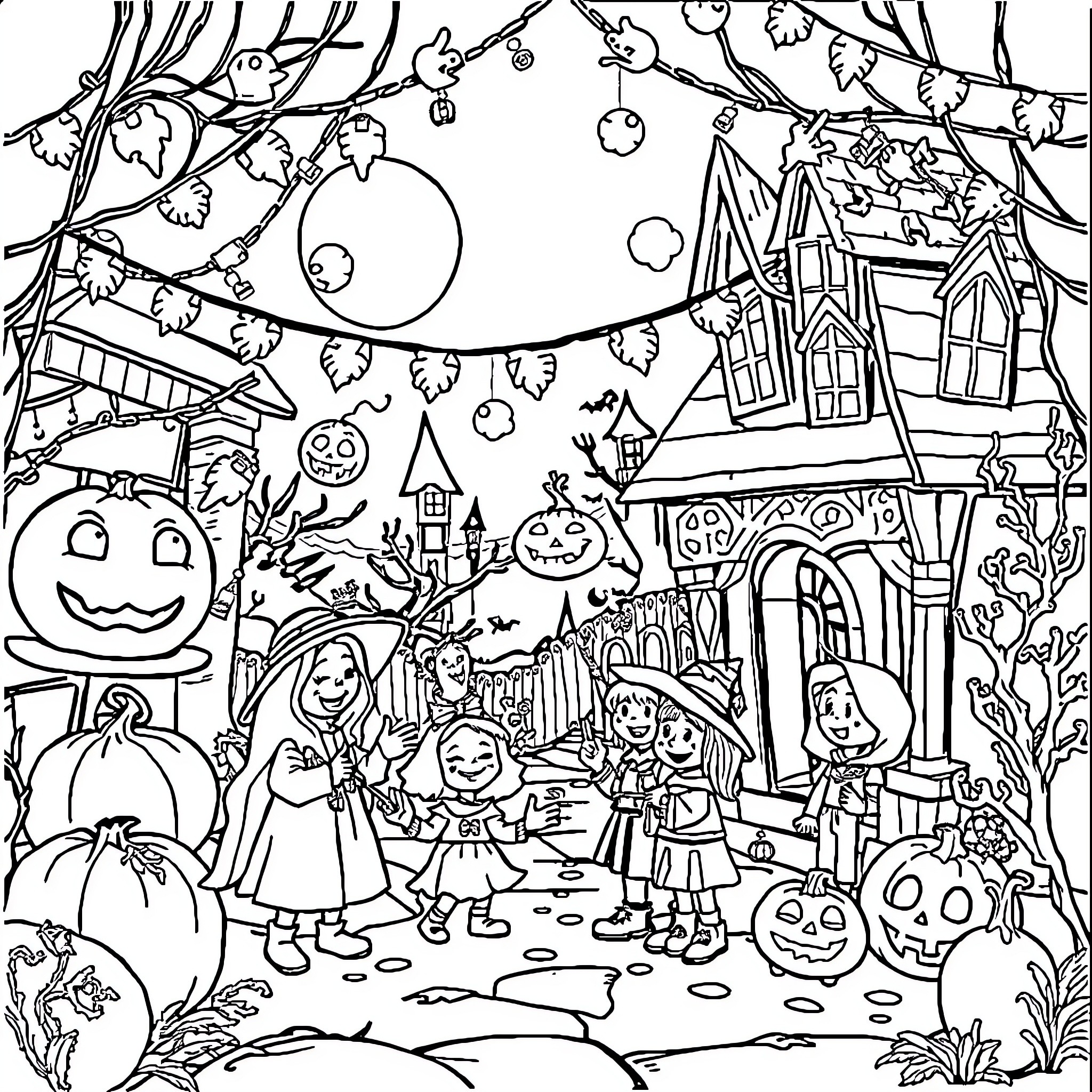 Halloween neighborhood trick-or-treating Coloring Page (free black-and-white line drawing printable PDF for all, from beginners to advanced learners, including children, teens, adults, and seniors)