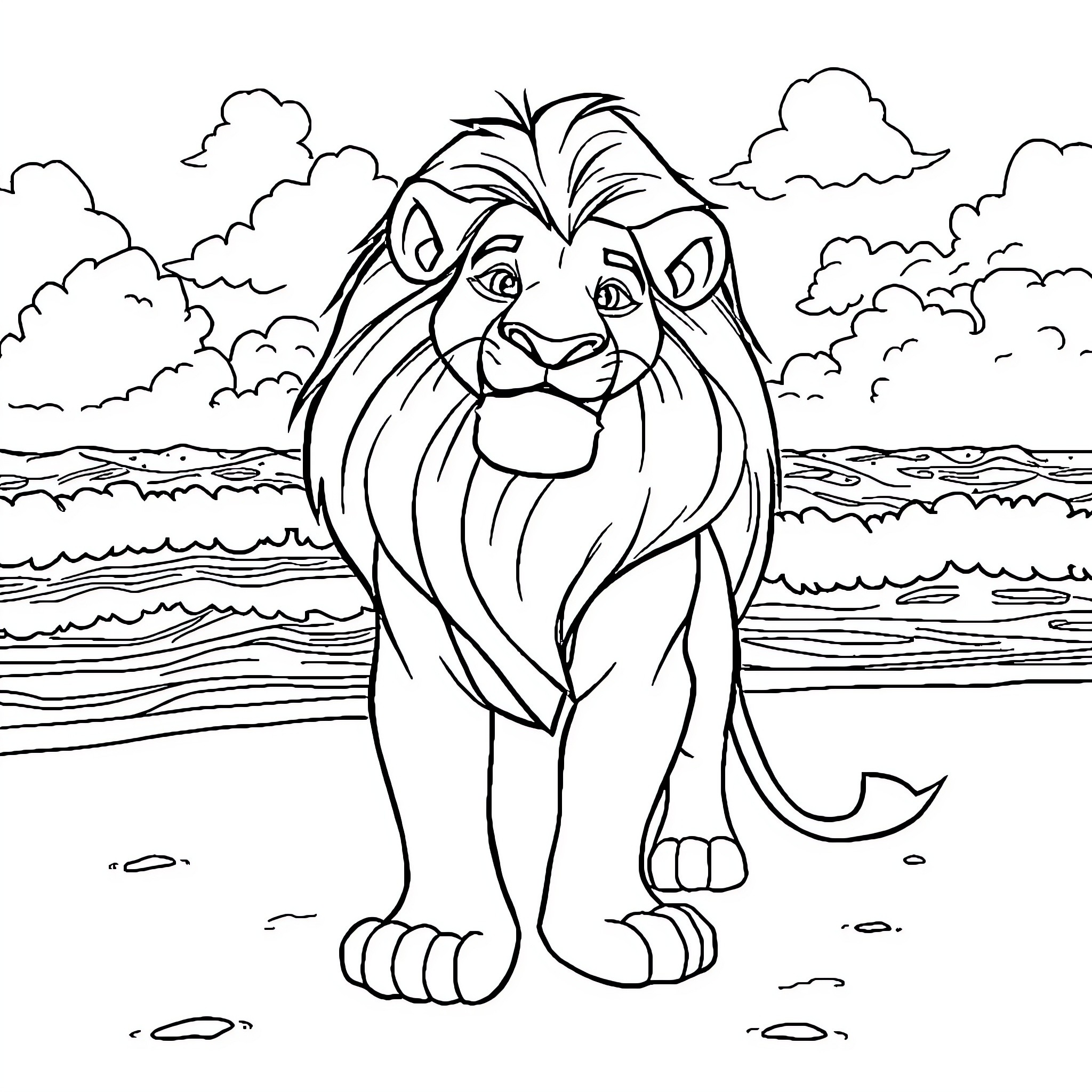 Lion standing proudly on the beach Coloring Page (free black-and-white line drawing printable PDF for all, from beginners to advanced learners, including children, teens, adults, and seniors)