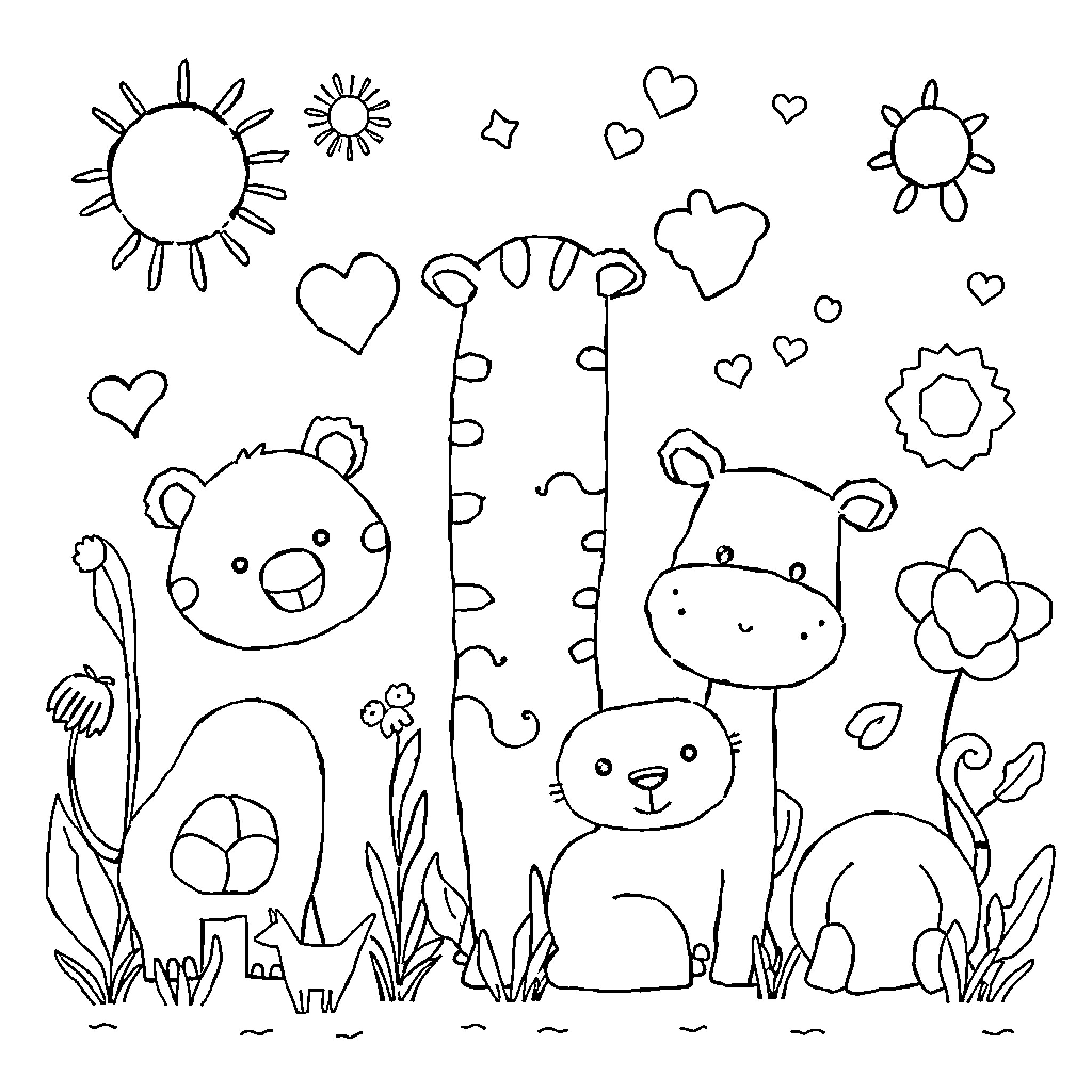 Share cute animals playing in nature Coloring Page (free black-and-white line drawing printable PDF for all, from beginners to advanced learners, including children, teens, adults, and seniors)