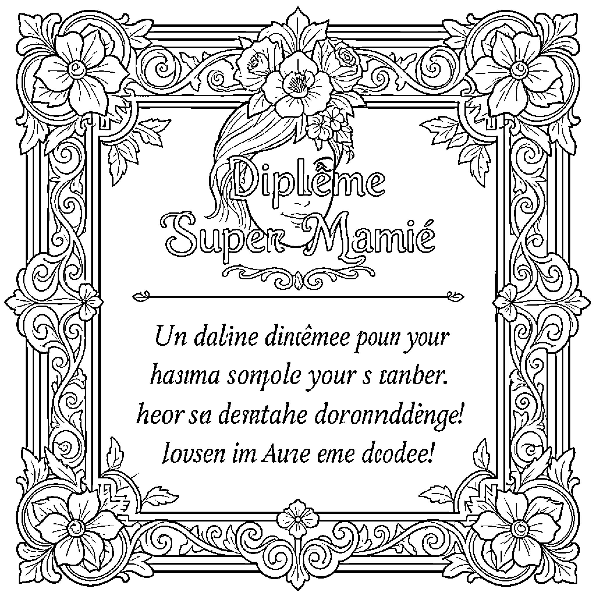 Diploma with ornamental floral frame Coloring Page (free black-and-white line drawing printable PDF for all, from beginners to advanced learners, including children, teens, adults, and seniors)