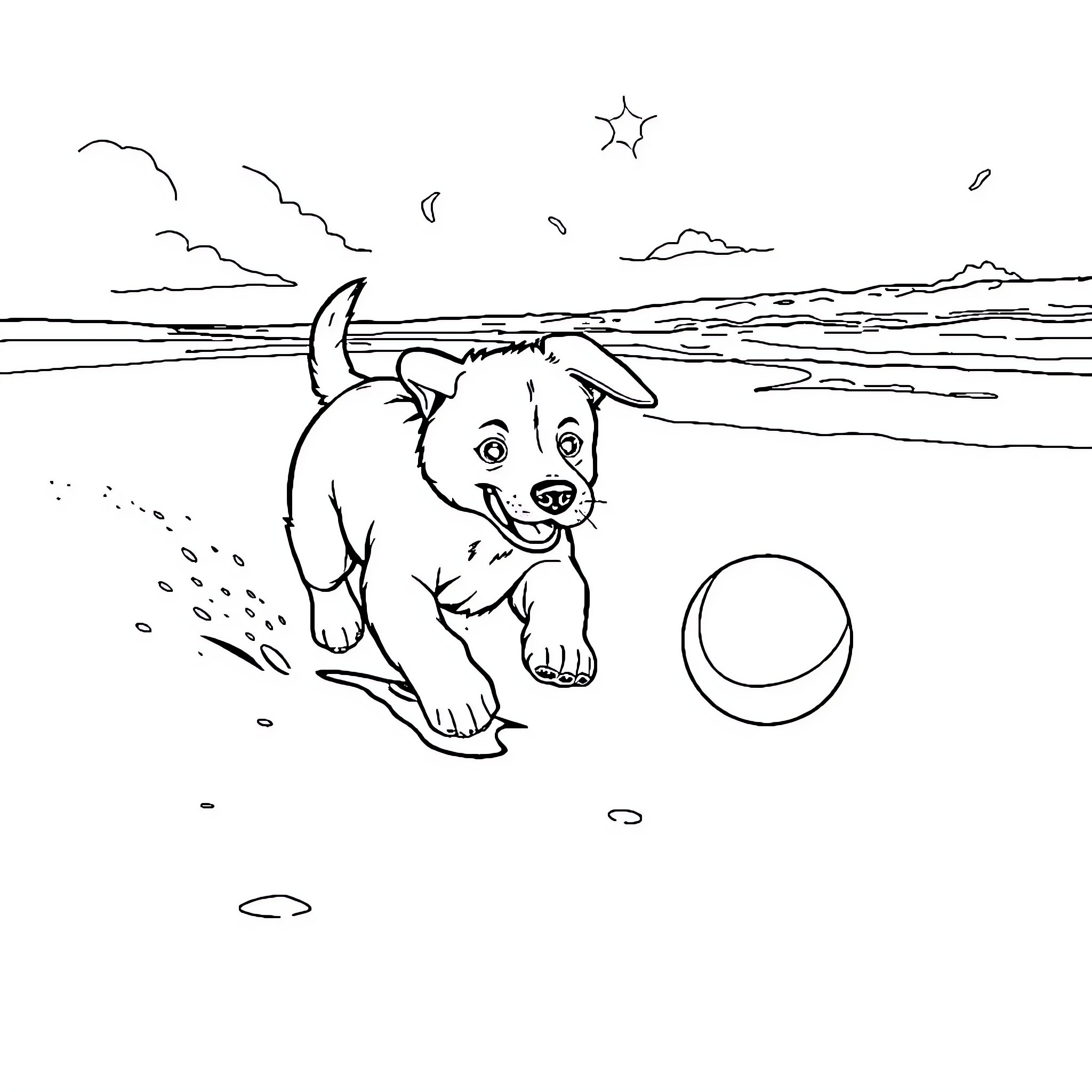Puppy playing joyfully on the beach Coloring Page (free black-and-white line drawing printable PDF for all, from beginners to advanced learners, including children, teens, adults, and seniors)