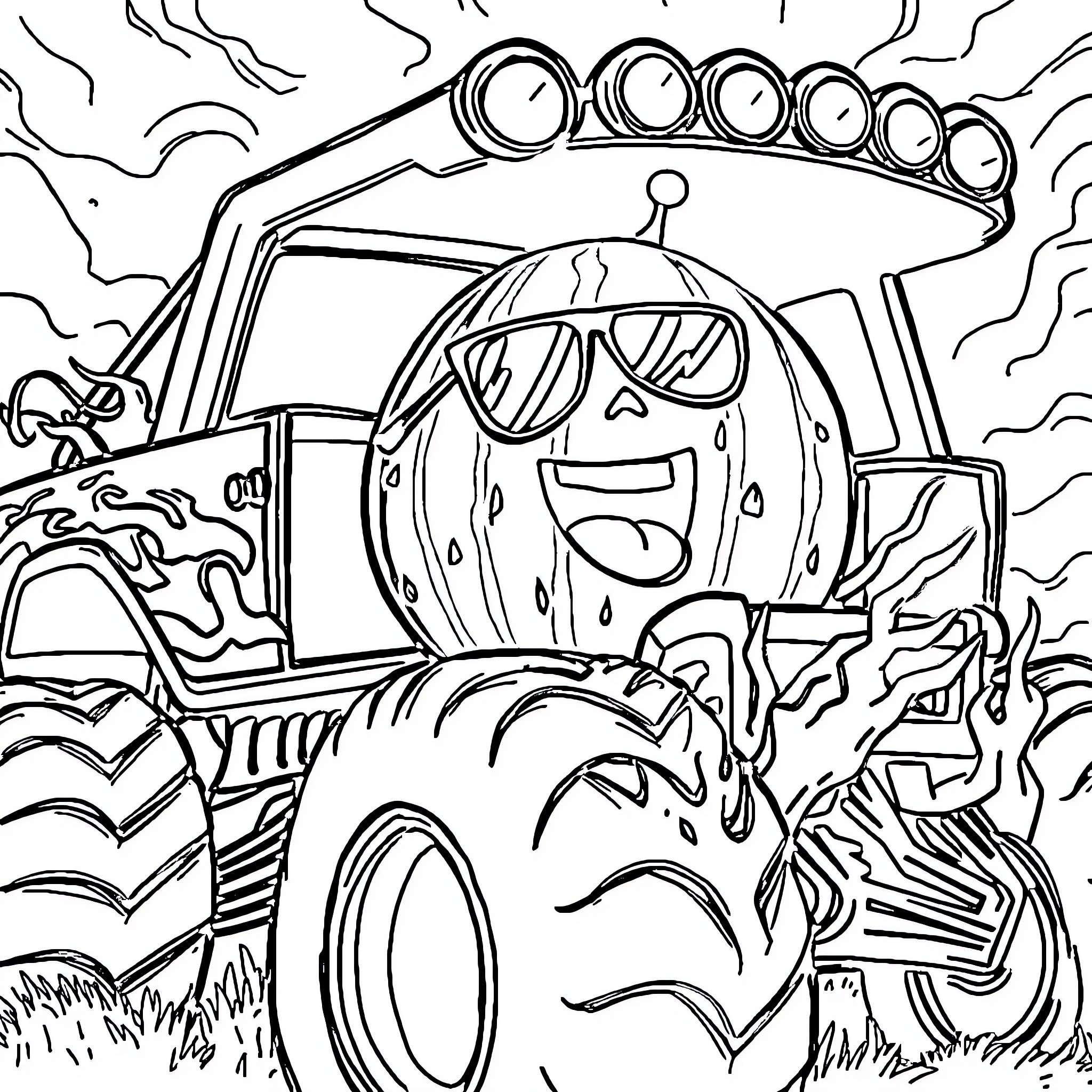 Watermelon tractor traversing vibrant landscape Coloring Page (free black-and-white line drawing printable PDF for all, from beginners to advanced learners, including children, teens, adults, and seniors)