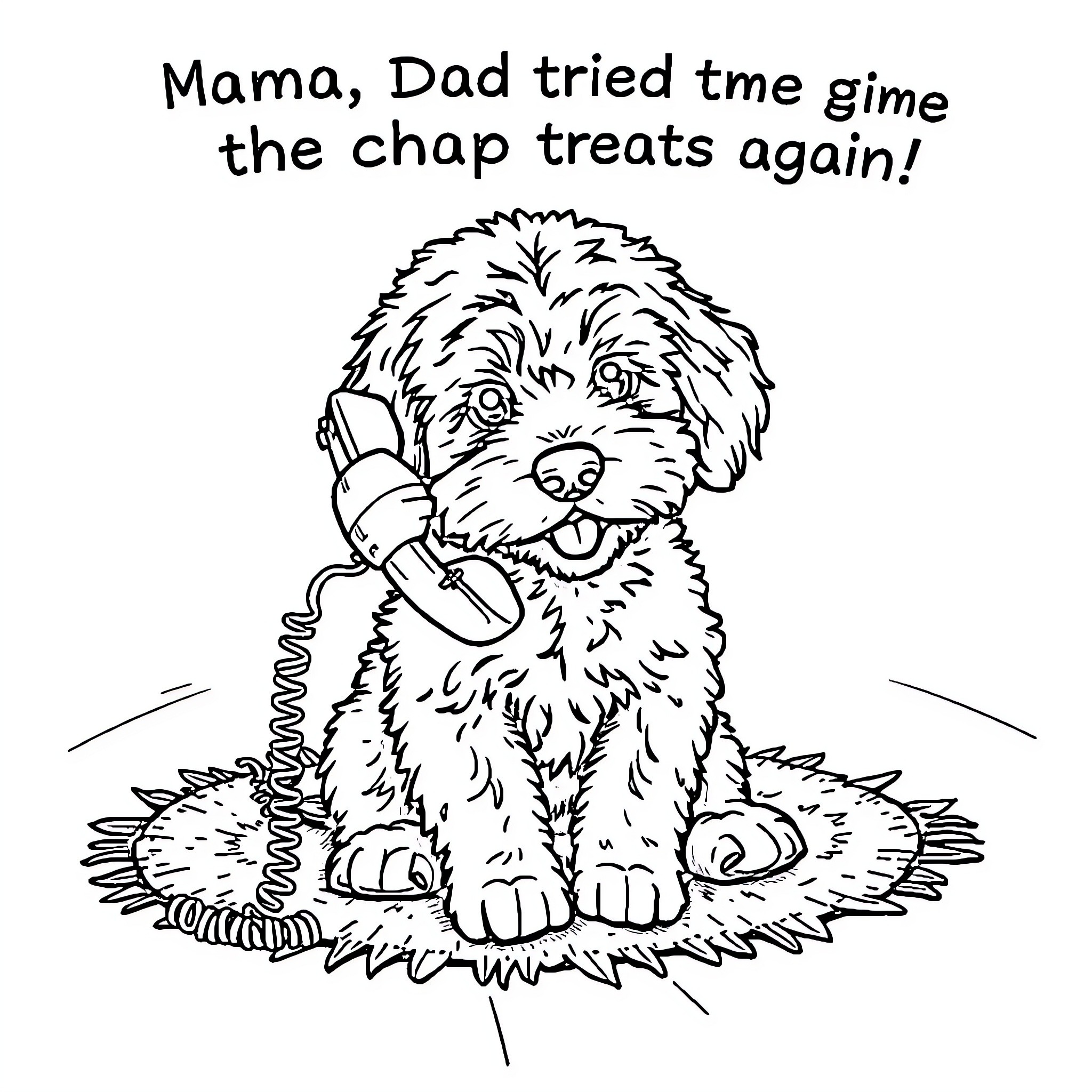 Mini-Goldendoodle dog enjoying favorite treats Coloring Page (free black-and-white line drawing printable PDF for all, from beginners to advanced learners, including children, teens, adults, and seniors)
