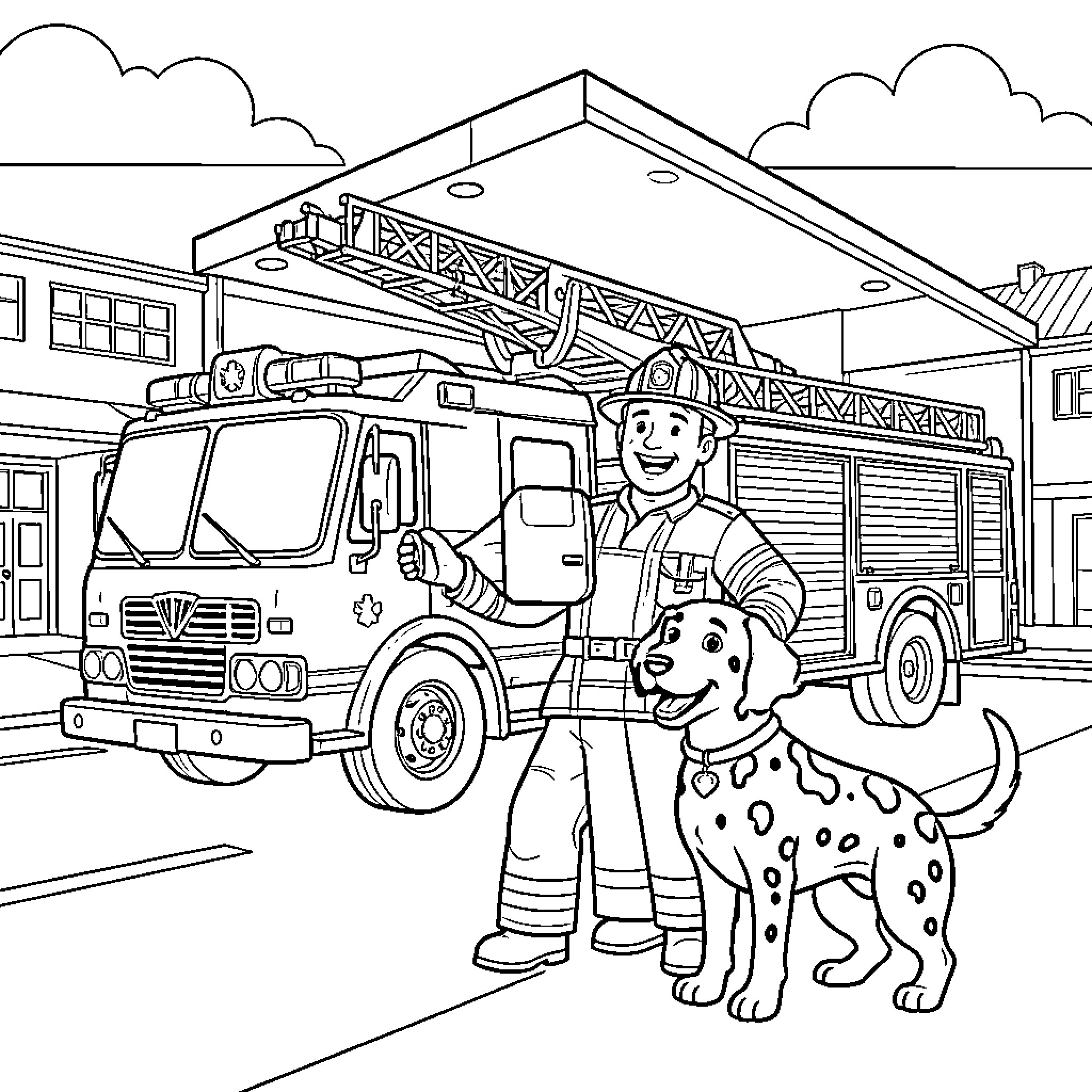 Fire Station with Firefighter and Dalmatian Coloring Page (free black-and-white line drawing printable PDF for all, from beginners to advanced learners, including children, teens, adults, and seniors)