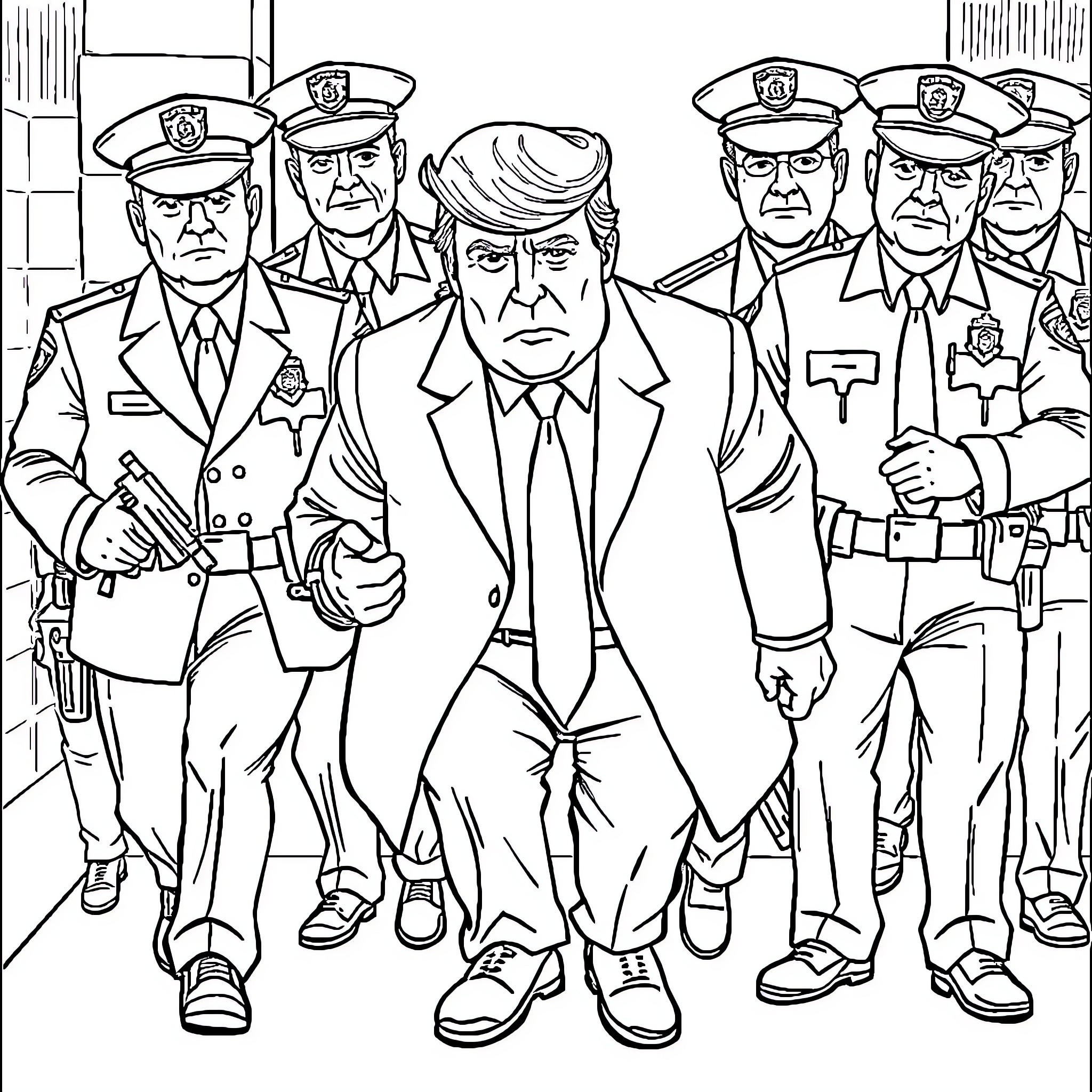 Donald Trump's Confrontation with Law Enforcement Officials Coloring Page (free black-and-white line drawing printable PDF for all, from beginners to advanced learners, including children, teens, adults, and seniors)
