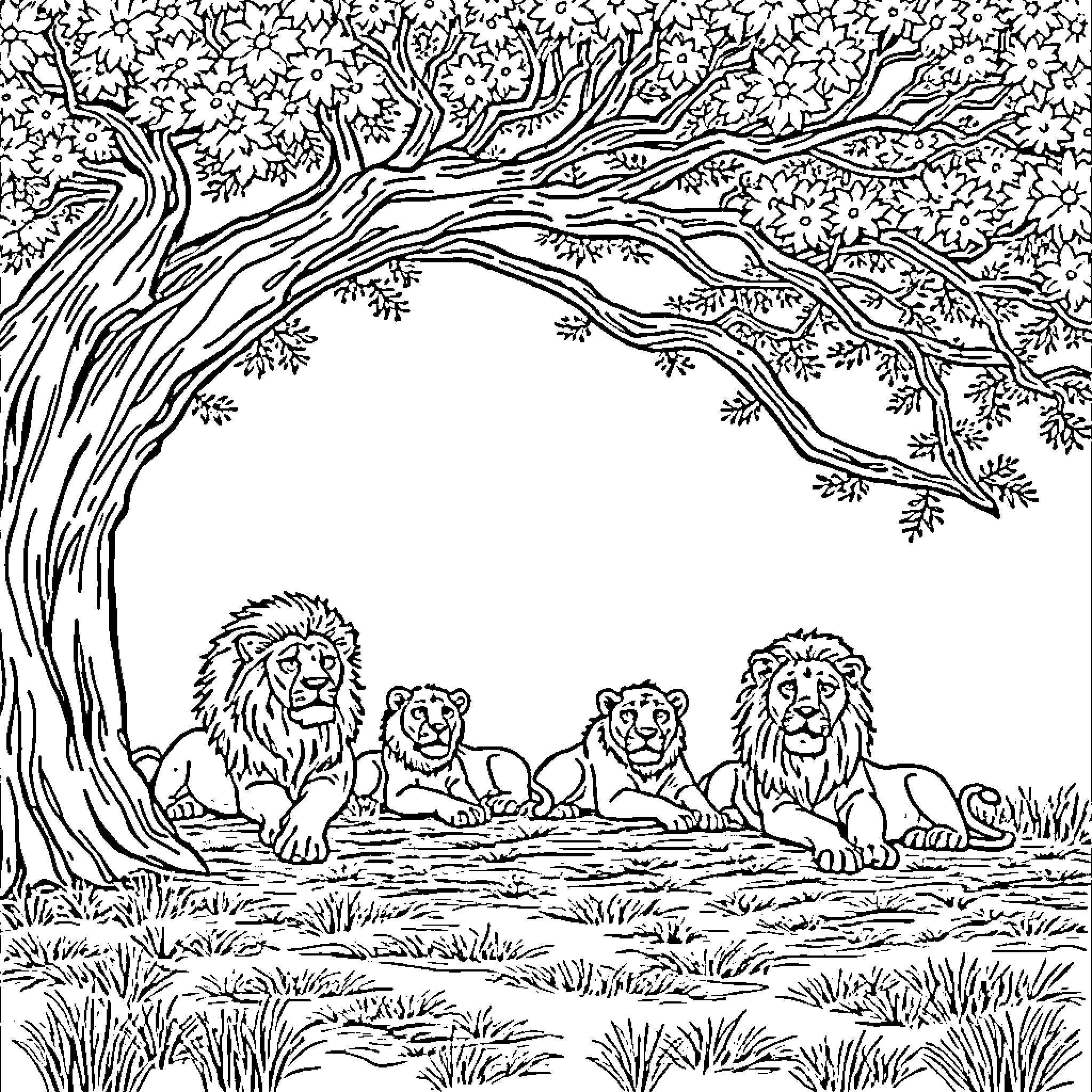 Lion family resting under a large tree Coloring Page (free black-and-white line drawing printable PDF for all, from beginners to advanced learners, including children, teens, adults, and seniors)