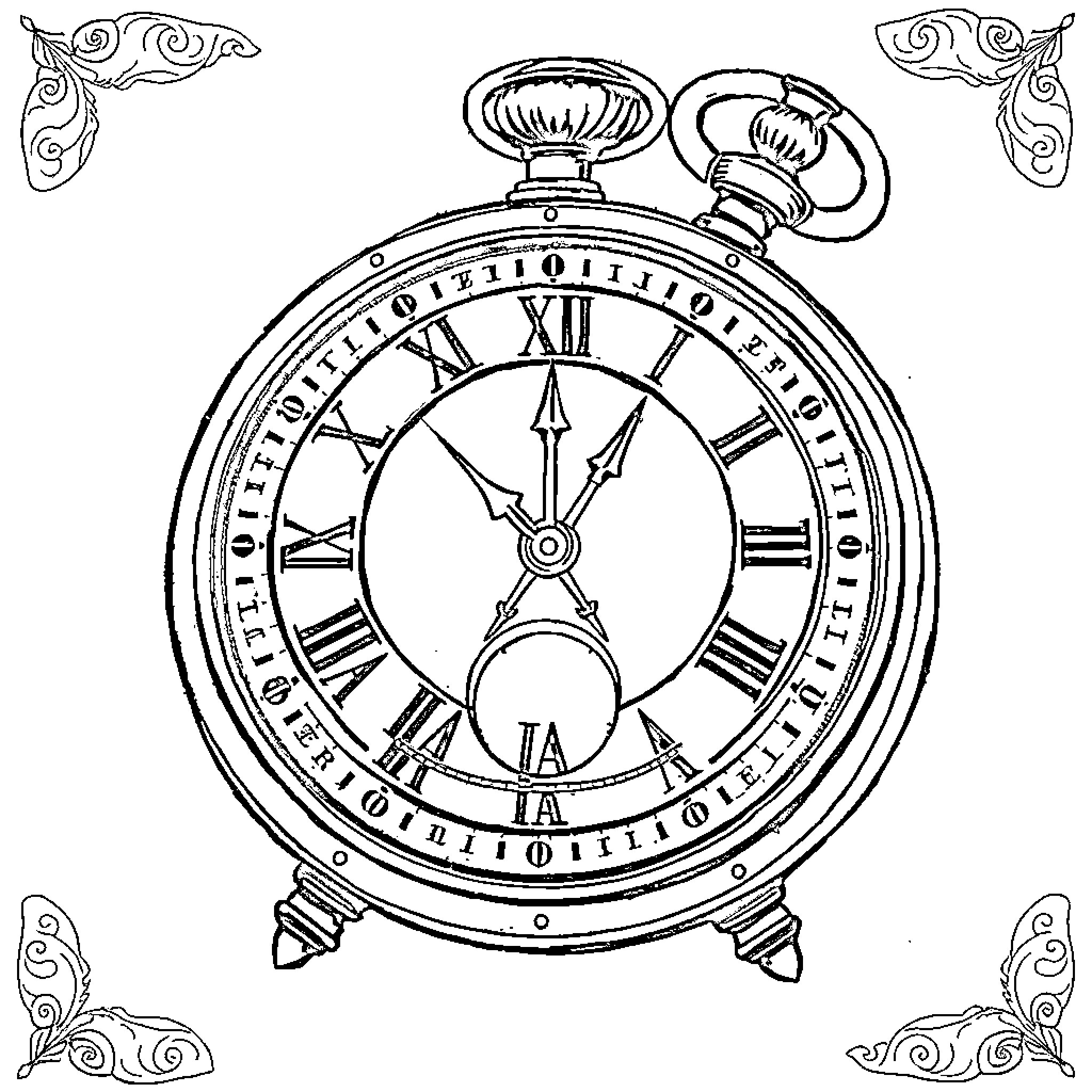 Reloj de bolsillo antiguo con detalles decorativos Coloring Page (free black-and-white line drawing printable PDF for all, from beginners to advanced learners, including children, teens, adults, and seniors)