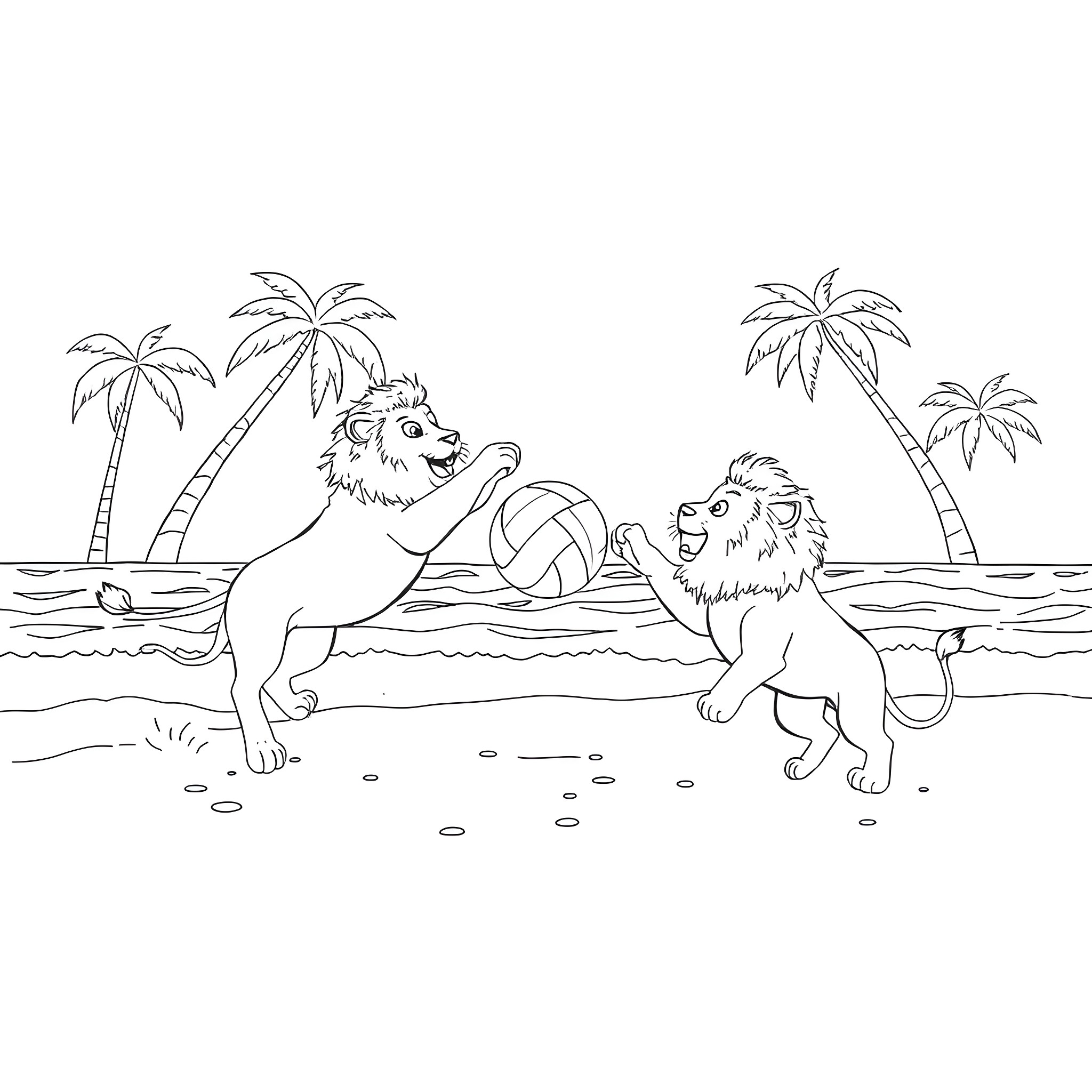 Lions playing on a beach with palm trees Coloring Page (free black-and-white line drawing printable PDF for all, from beginners to advanced learners, including children, teens, adults, and seniors)