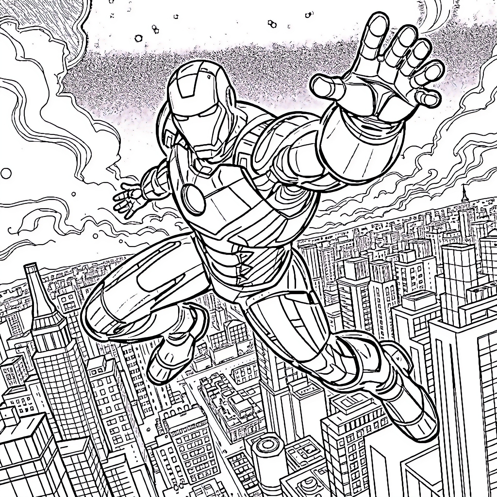 Ironman soaring over the city skyline in action Coloring Page (free black-and-white line drawing printable PDF for all, from beginners to advanced learners, including children, teens, adults, and seniors)