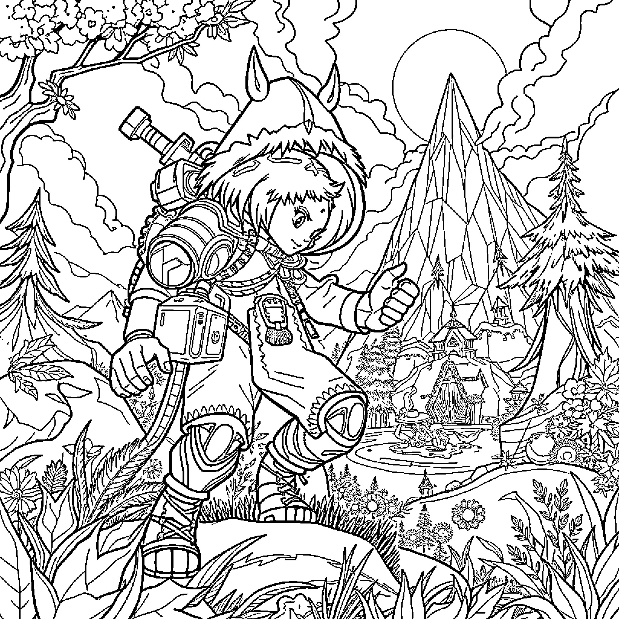 Huntrix Exploring the Enchanted Forest Coloring Page (free black-and-white line drawing printable PDF for all, from beginners to advanced learners, including children, teens, adults, and seniors)
