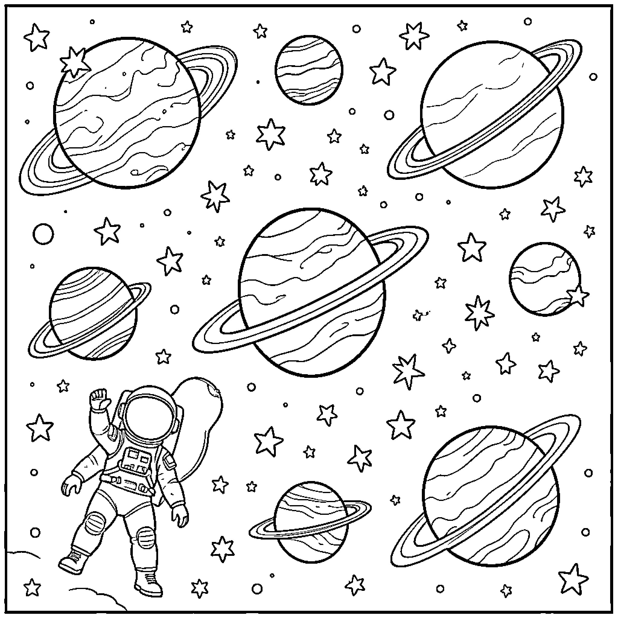 Space Scene with Planets and Astronaut Coloring Page (free black-and-white line drawing printable PDF for all, from beginners to advanced learners, including children, teens, adults, and seniors)