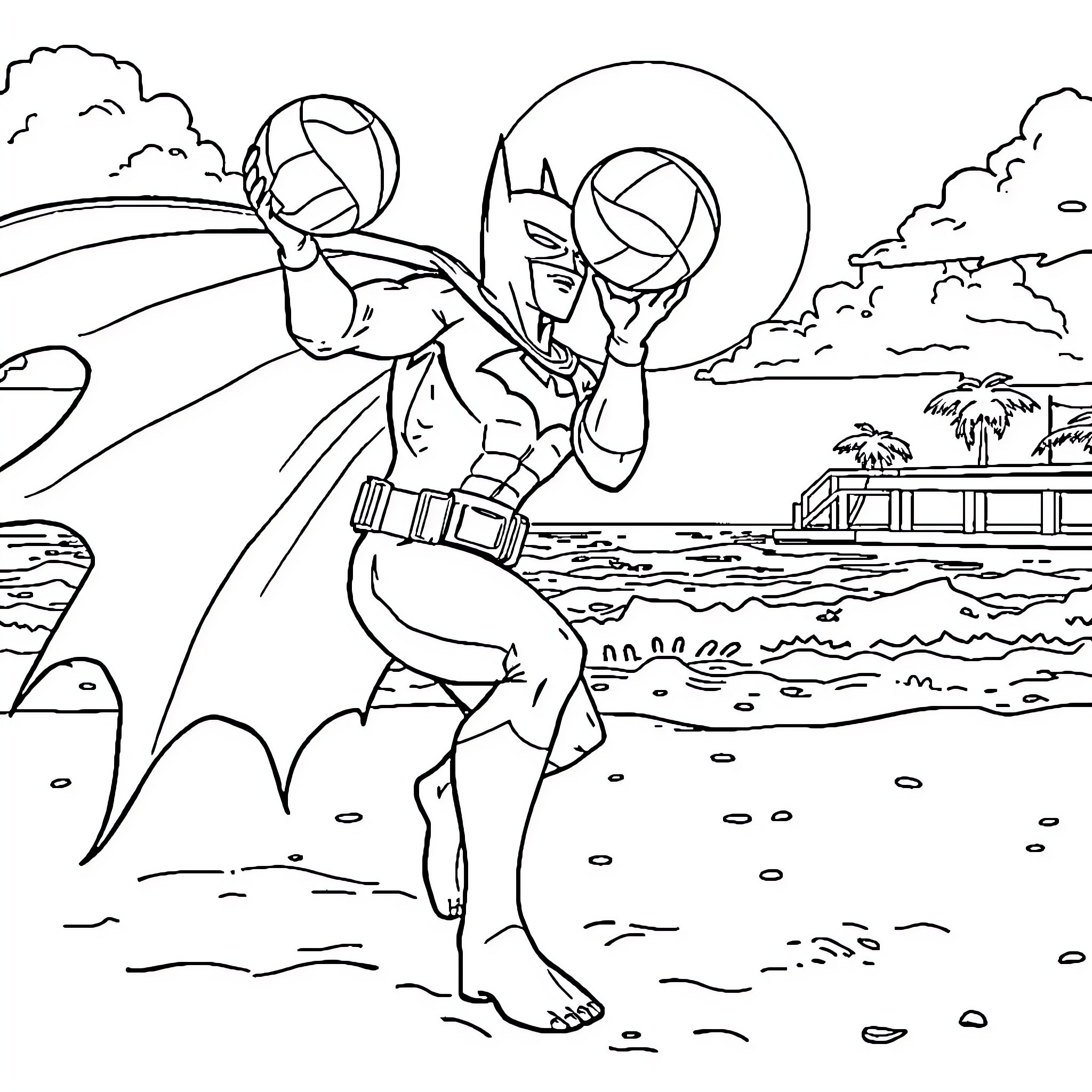 Batman swinging over a tropical beach scene Coloring Page (free black-and-white line drawing printable PDF for all, from beginners to advanced learners, including children, teens, adults, and seniors)