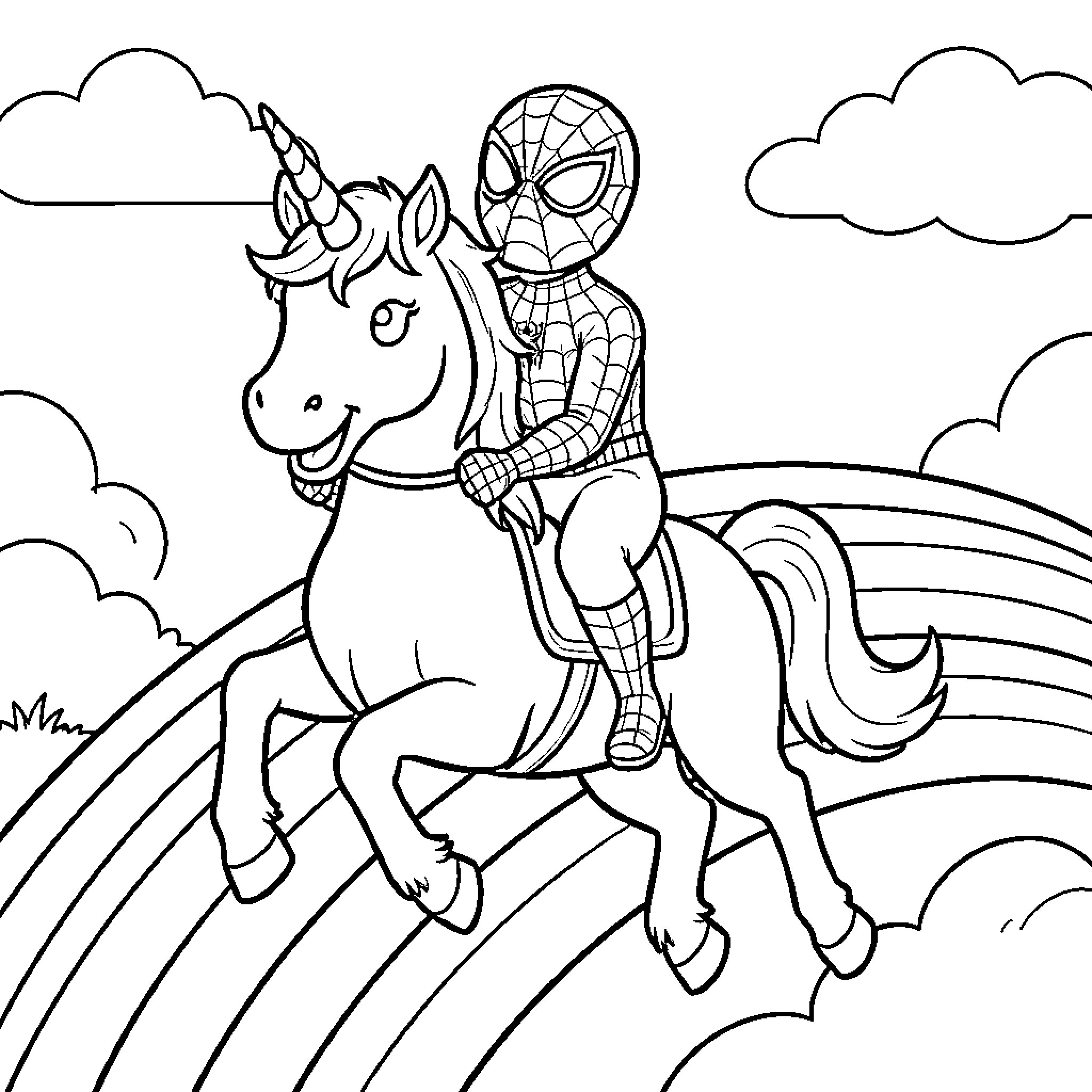 Unicorn being ridden by a superhero over a rainbow Coloring Page (free black-and-white line drawing printable PDF for all, from beginners to advanced learners, including children, teens, adults, and seniors)