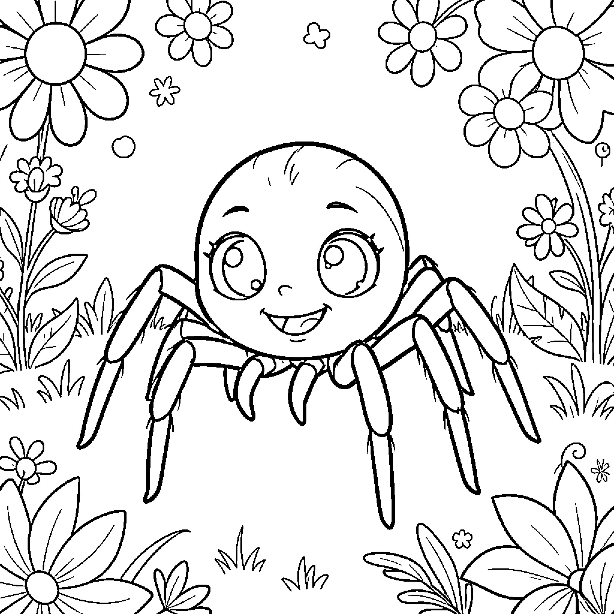 Lucas the Spider playing happily in the garden Coloring Page (free black-and-white line drawing printable PDF for all, from beginners to advanced learners, including children, teens, adults, and seniors)