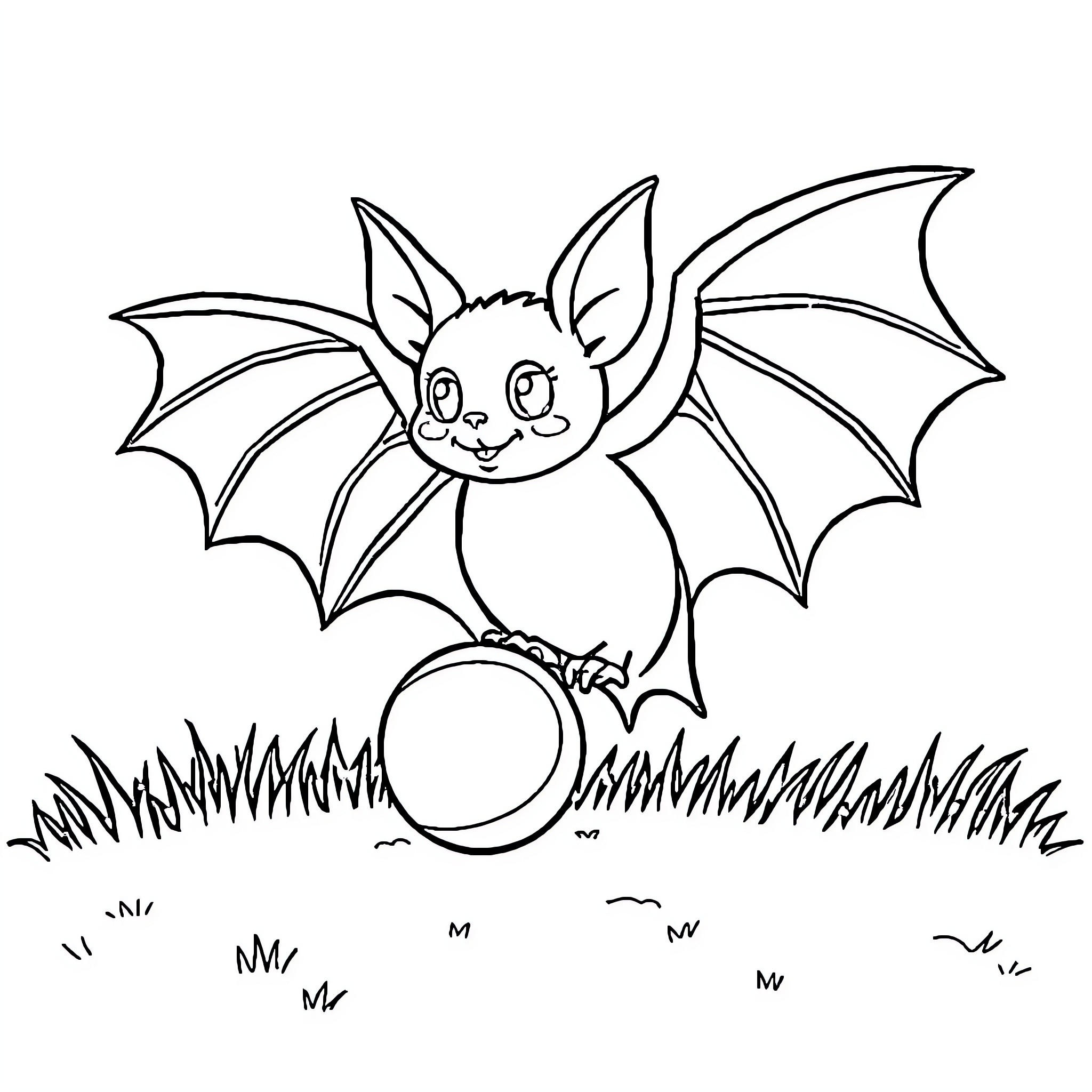 Bat playing joyfully in the meadow Coloring Page (free black-and-white line drawing printable PDF for all, from beginners to advanced learners, including children, teens, adults, and seniors)