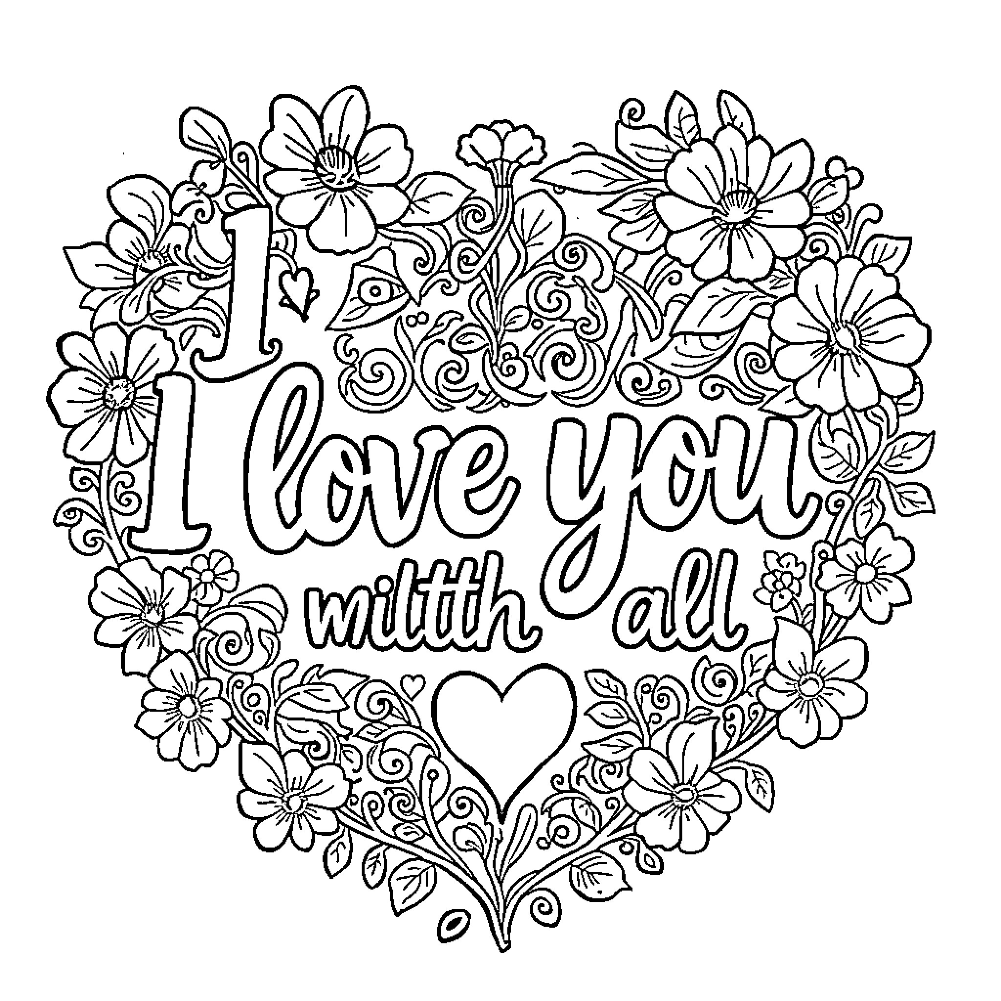 Love with all your heart's floral embrace Coloring Page (free black-and-white line drawing printable PDF for all, from beginners to advanced learners, including children, teens, adults, and seniors)