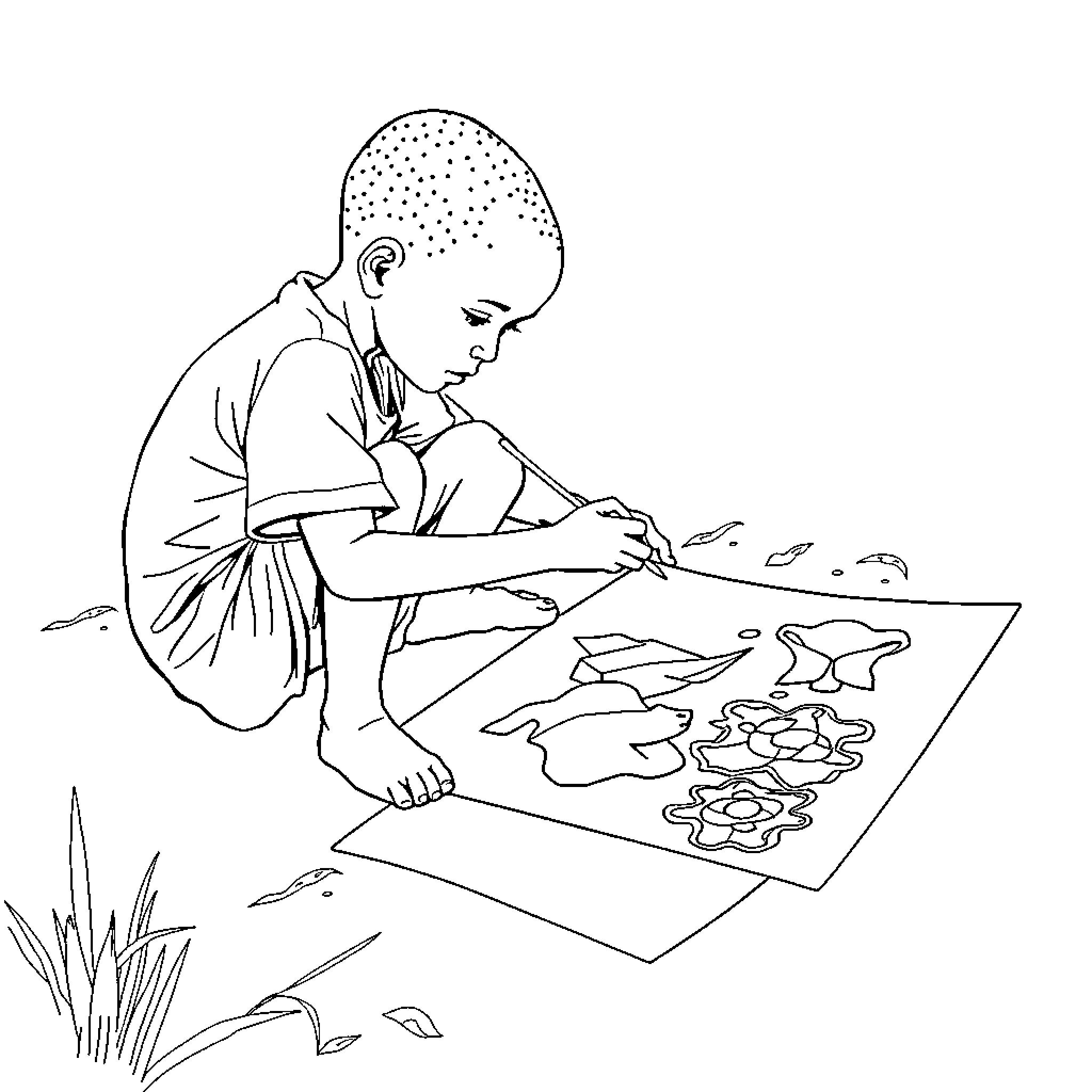 Boy intently creating drawings on the ground Coloring Page (free black-and-white line drawing printable PDF for all, from beginners to advanced learners, including children, teens, adults, and seniors)