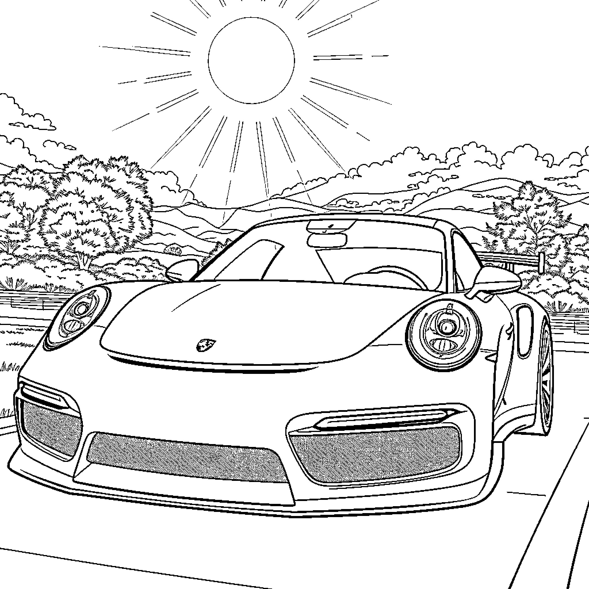 Porsche sports car driving through scenic landscape Coloring Page (free black-and-white line drawing printable PDF for all, from beginners to advanced learners, including children, teens, adults, and seniors)