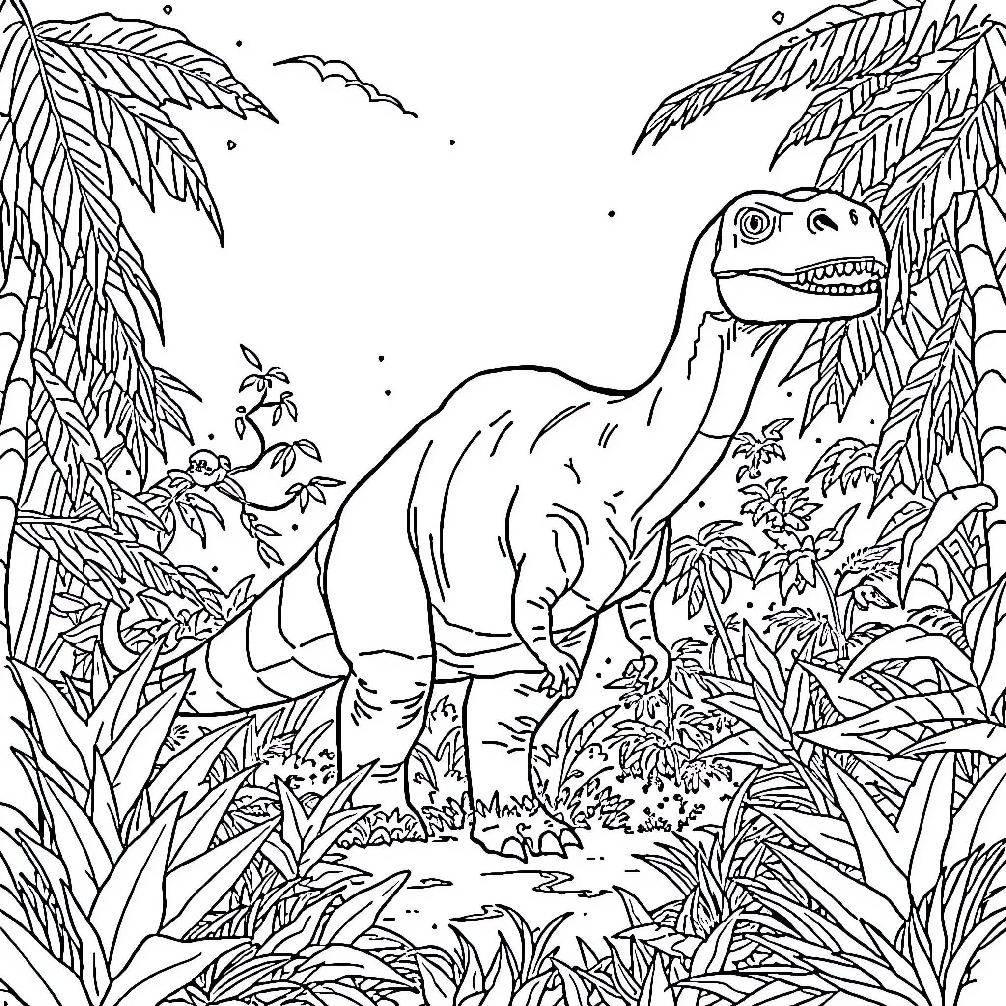 Dinosaur roaming through lush jungle landscape Coloring Page (free black-and-white line drawing printable PDF for all, from beginners to advanced learners, including children, teens, adults, and seniors)