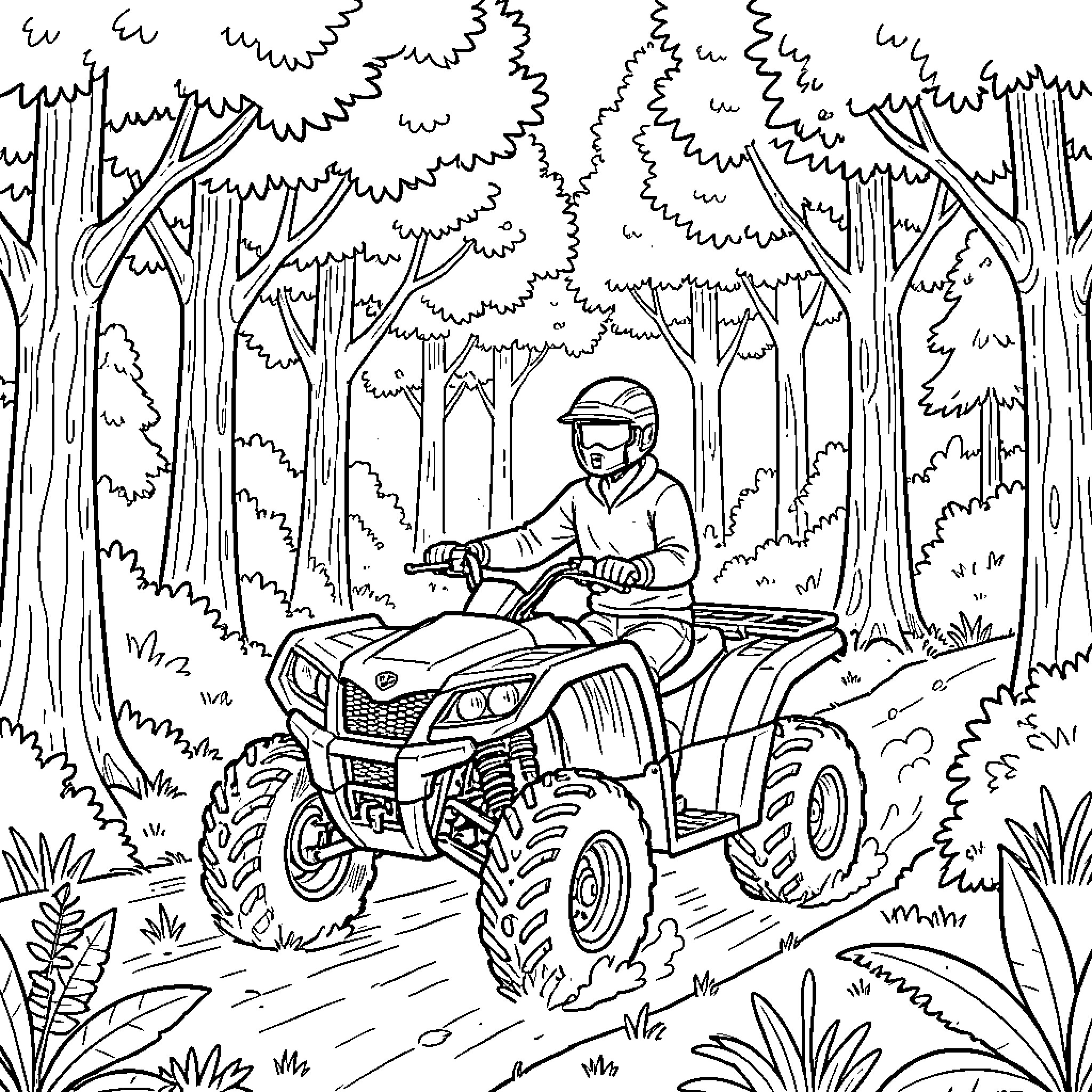 ATV Adventure in the Forested Wilderness Coloring Page (free black-and-white line drawing printable PDF for all, from beginners to advanced learners, including children, teens, adults, and seniors)