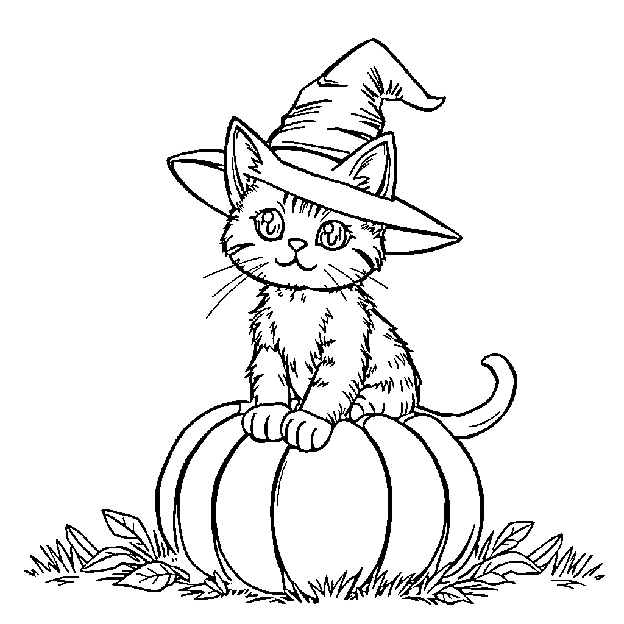 Cat wearing witch hat on pumpkin Coloring Page (free black-and-white line drawing printable PDF for all, from beginners to advanced learners, including children, teens, adults, and seniors)