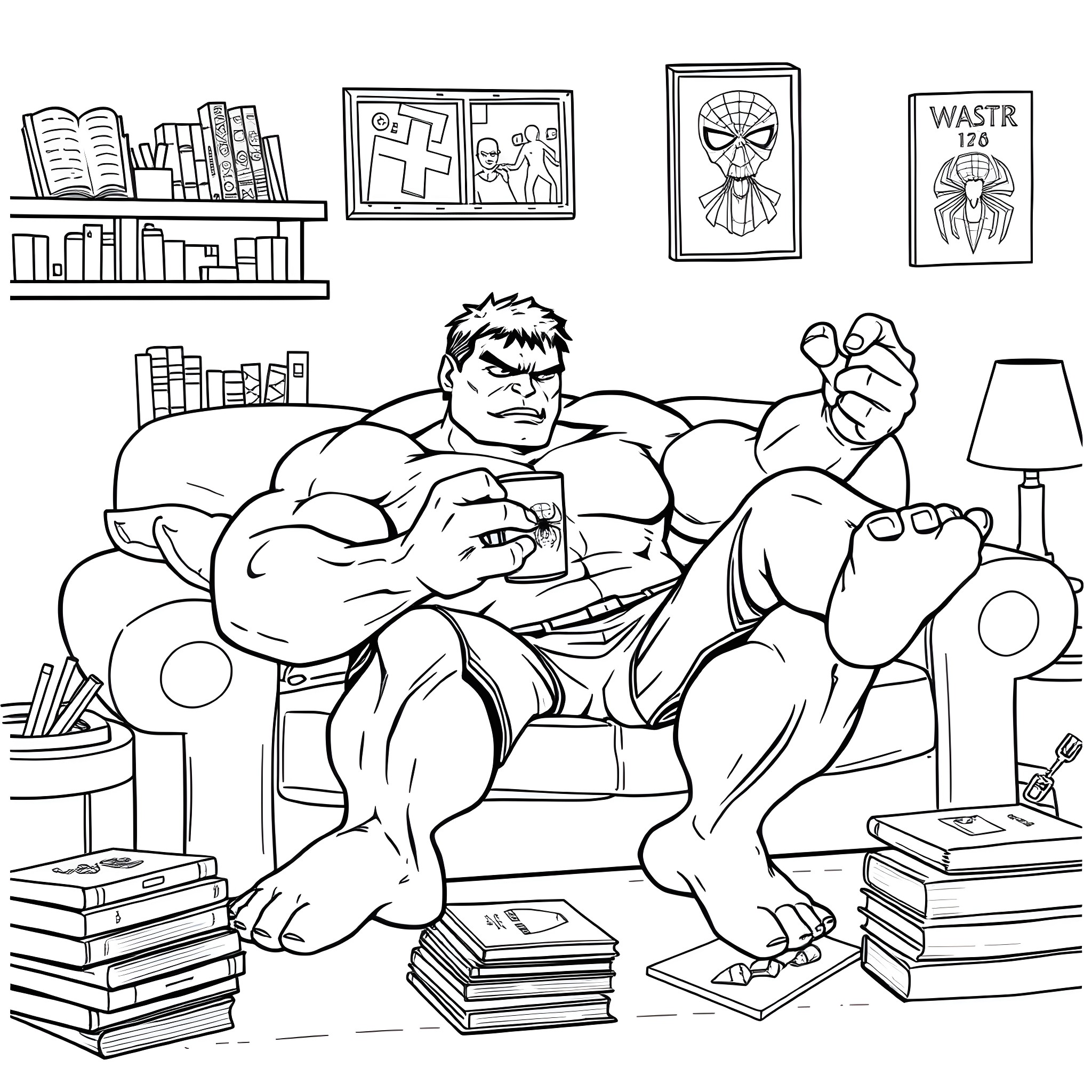 Hulk lounging in his home surrounded by books and decor Coloring Page (free black-and-white line drawing printable PDF for all, from beginners to advanced learners, including children, teens, adults, and seniors)