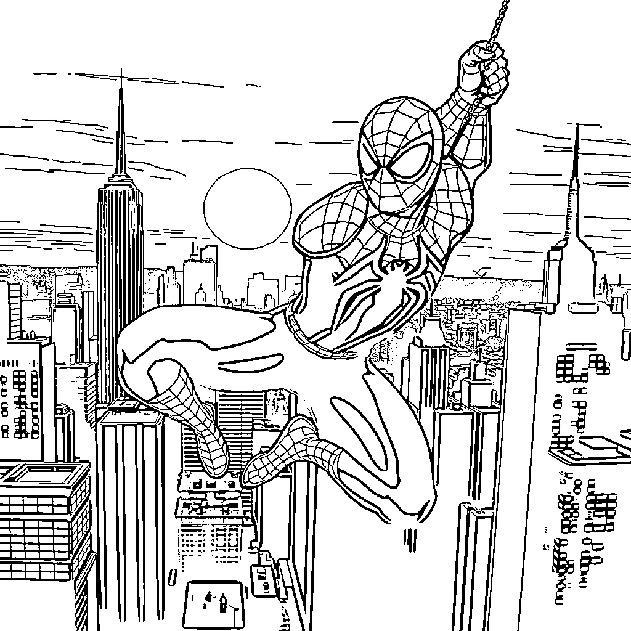 Spiderman swinging through the city skyline Coloring Page (free black-and-white line drawing printable PDF for all, from beginners to advanced learners, including children, teens, adults, and seniors)