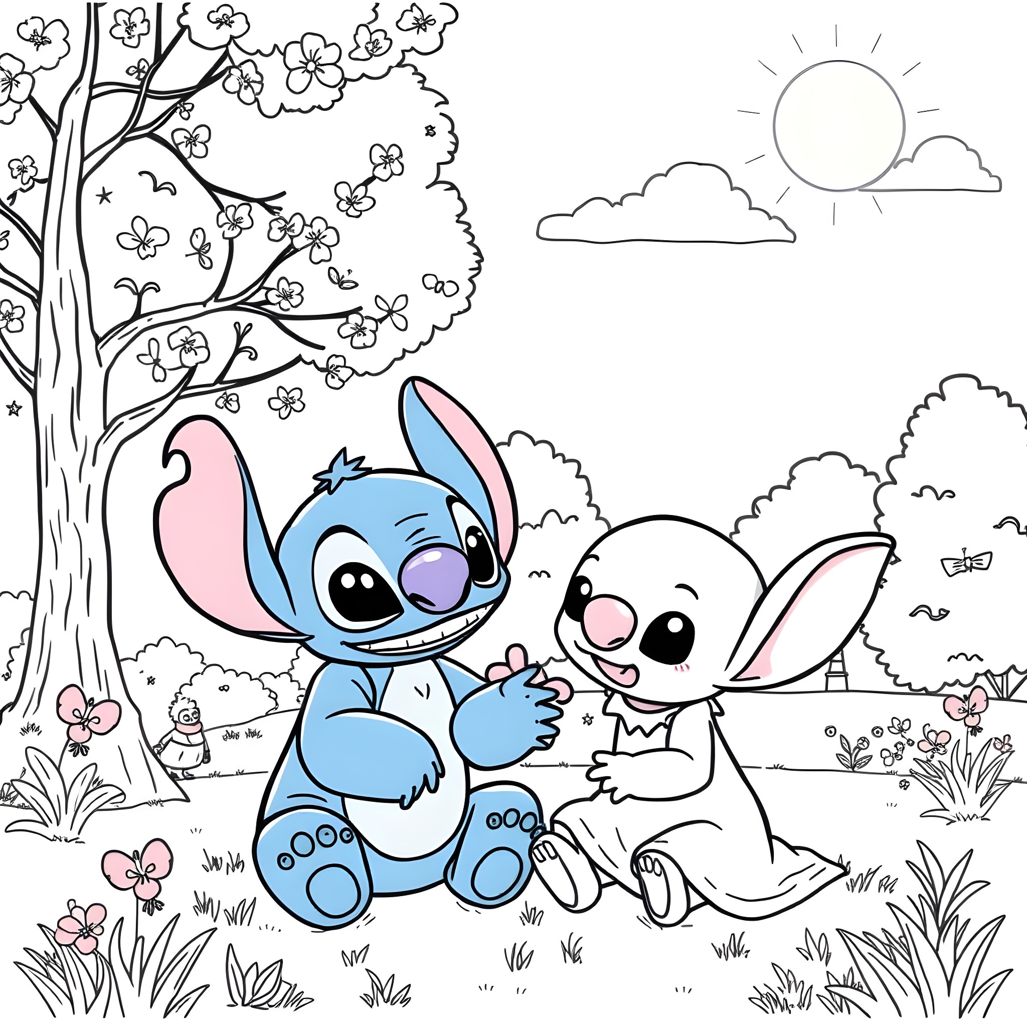 Bluey and Bingo's Playful Adventure Coloring Page (free black-and-white line drawing printable PDF for all, from beginners to advanced learners, including children, teens, adults, and seniors)