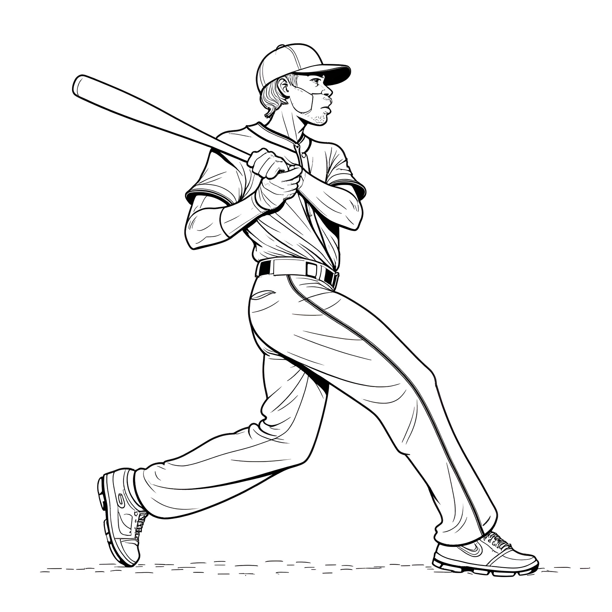 MF DOOM - Baseball Player Swinging Bat Coloring Page (free black-and-white line drawing printable PDF for all, from beginners to advanced learners, including children, teens, adults, and seniors)