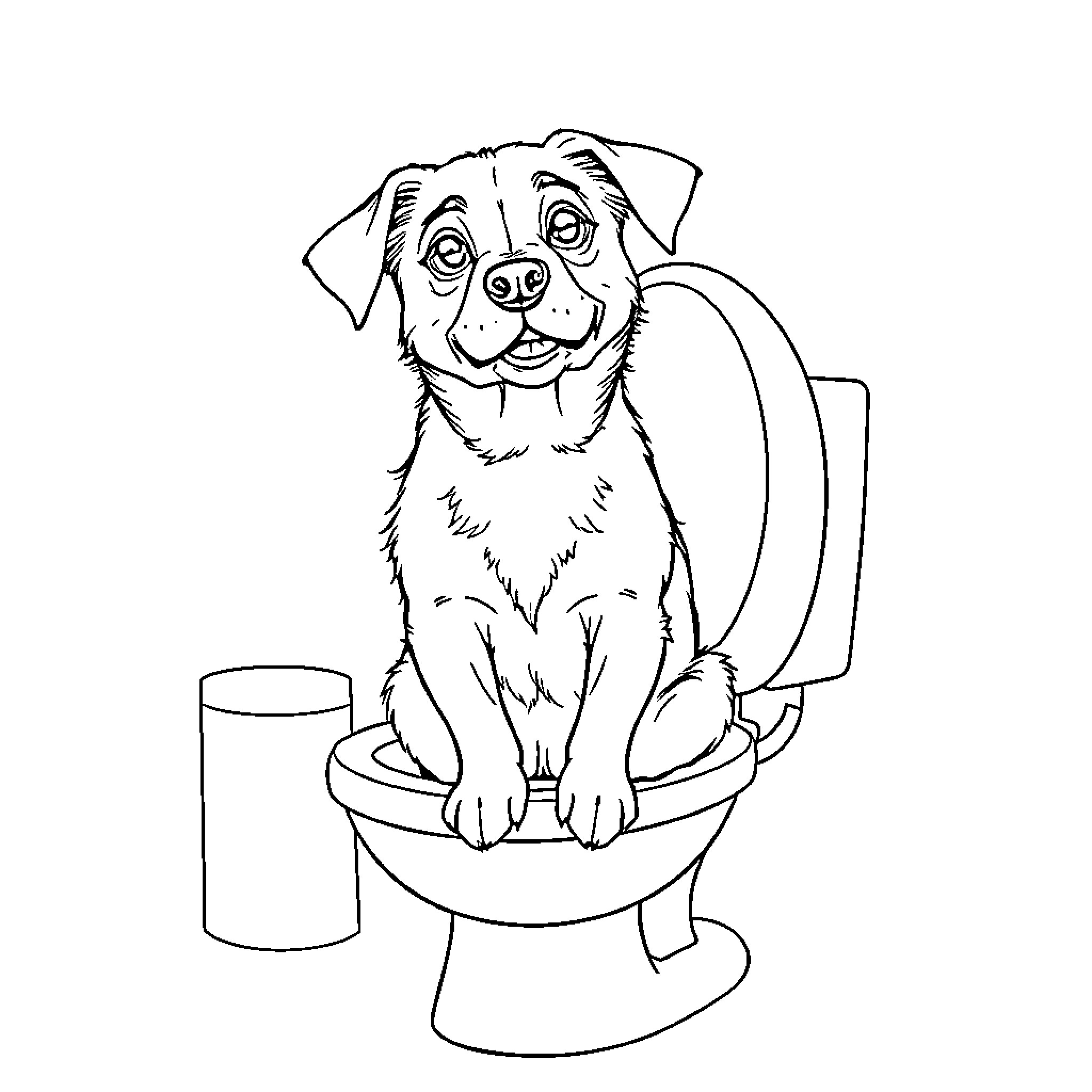 Dog using toilet happily Coloring Page (free black-and-white line drawing printable PDF for all, from beginners to advanced learners, including children, teens, adults, and seniors)
