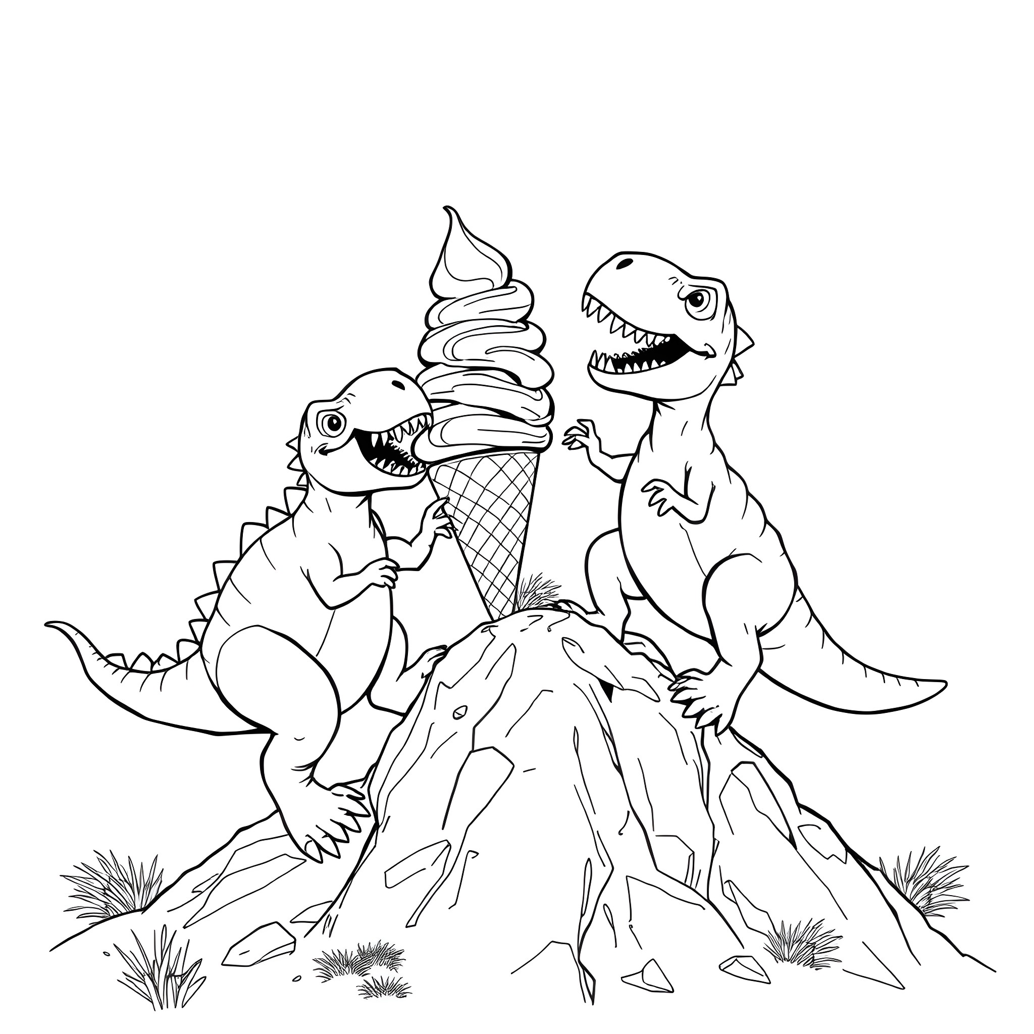Dinosaurs enjoying ice cream on rocky terrain Coloring Page (free black-and-white line drawing printable PDF for all, from beginners to advanced learners, including children, teens, adults, and seniors)