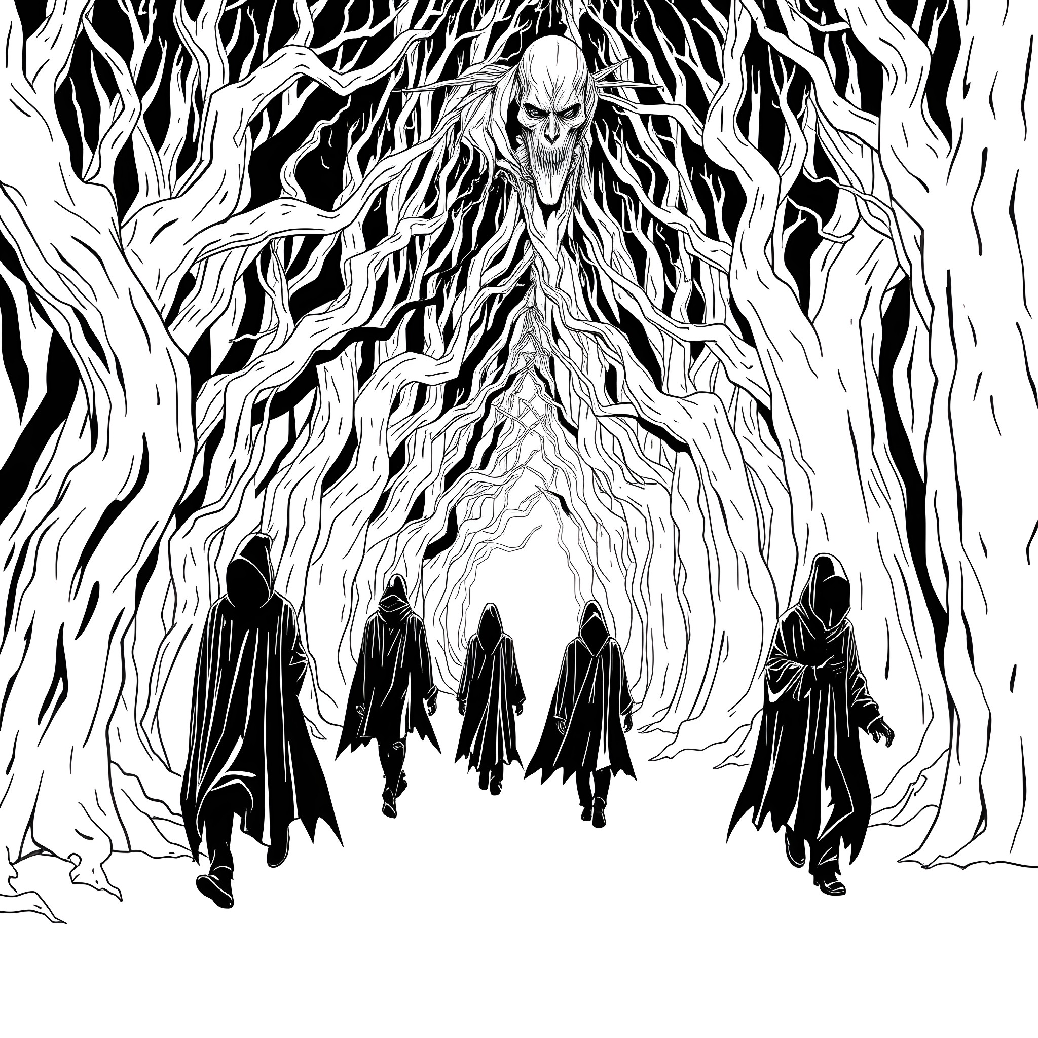 Korn - Dark Spirits in the Haunted Forest Coloring Page (free black-and-white line drawing printable PDF for all, from beginners to advanced learners, including children, teens, adults, and seniors)