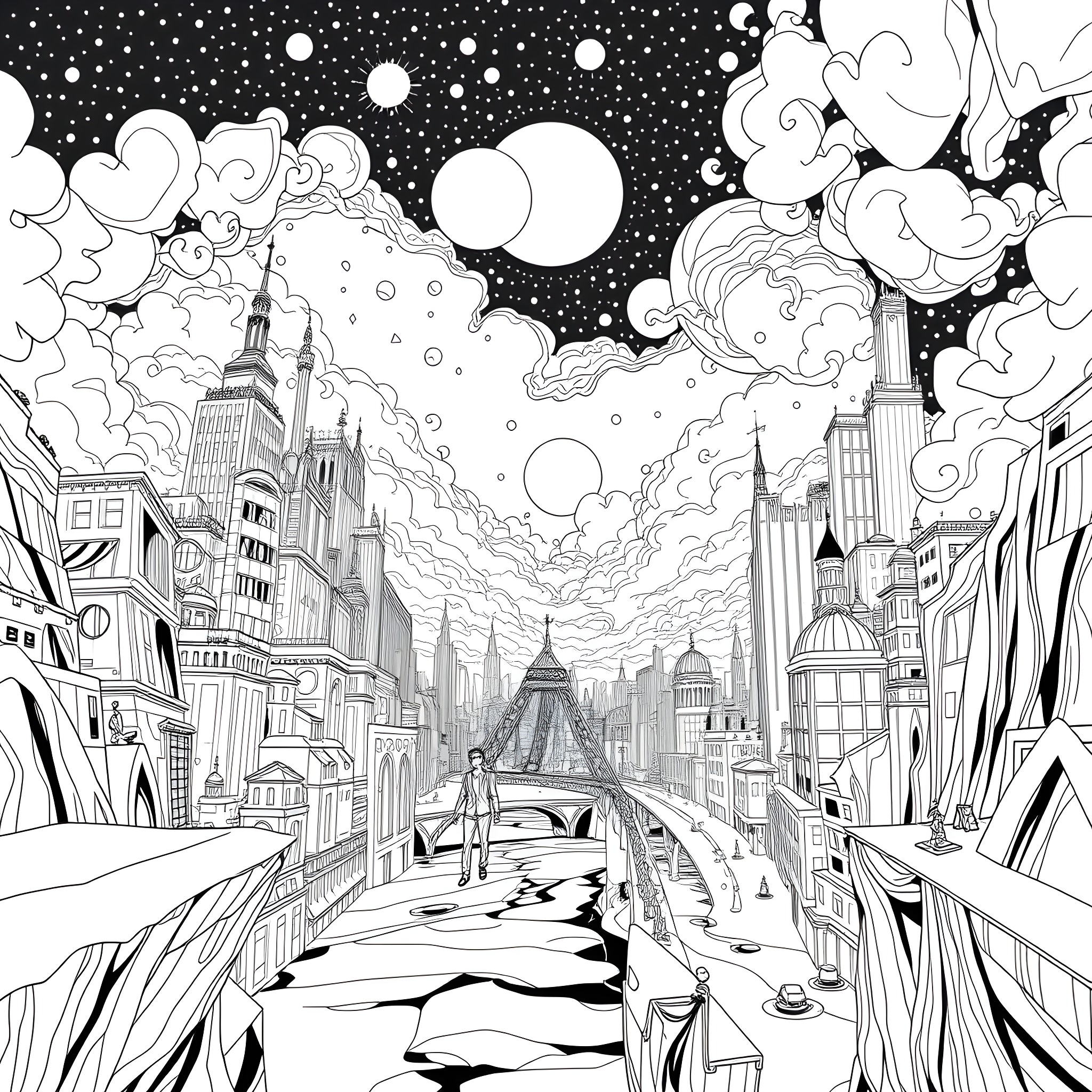 Inception of a Dreamlike City Landscape Coloring Page (free black-and-white line drawing printable PDF for all, from beginners to advanced learners, including children, teens, adults, and seniors)