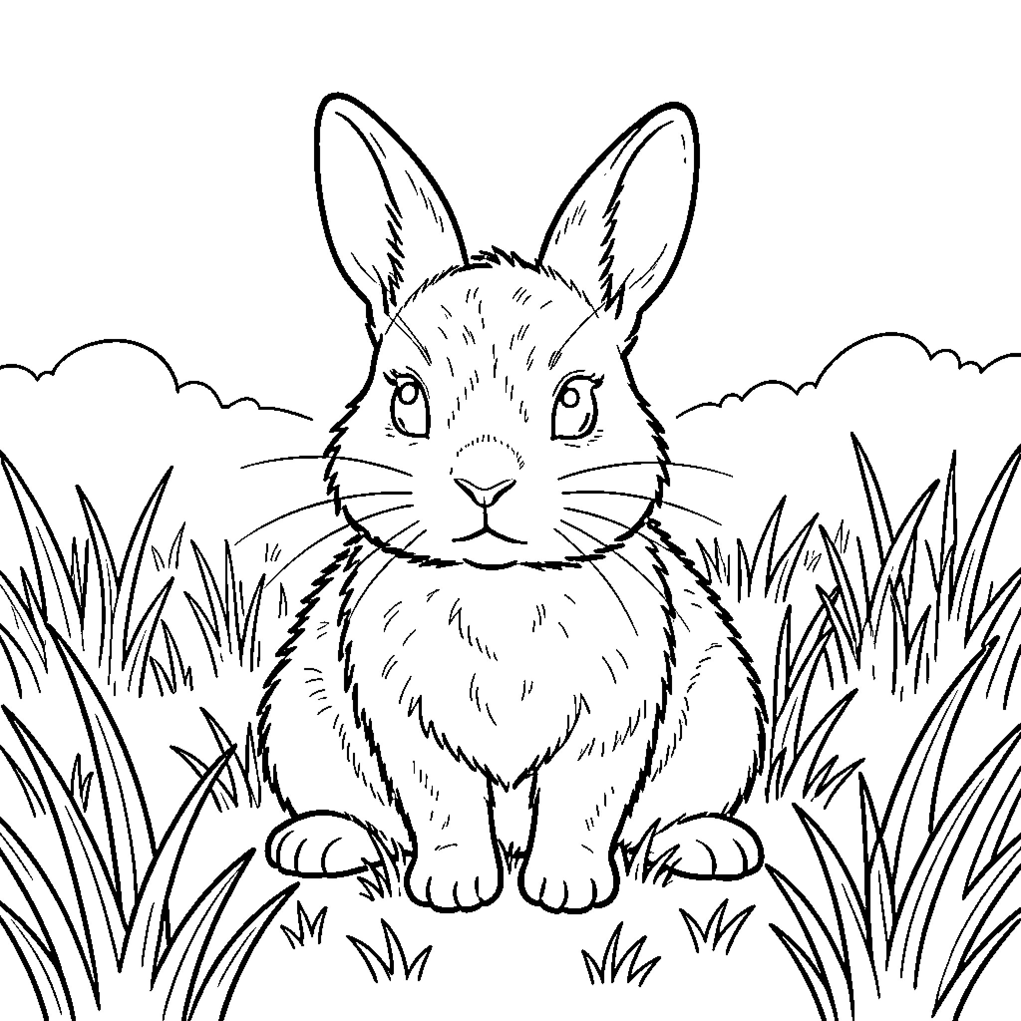 Rabbit sitting calmly in a grassy field Coloring Page (free black-and-white line drawing printable PDF for all, from beginners to advanced learners, including children, teens, adults, and seniors)