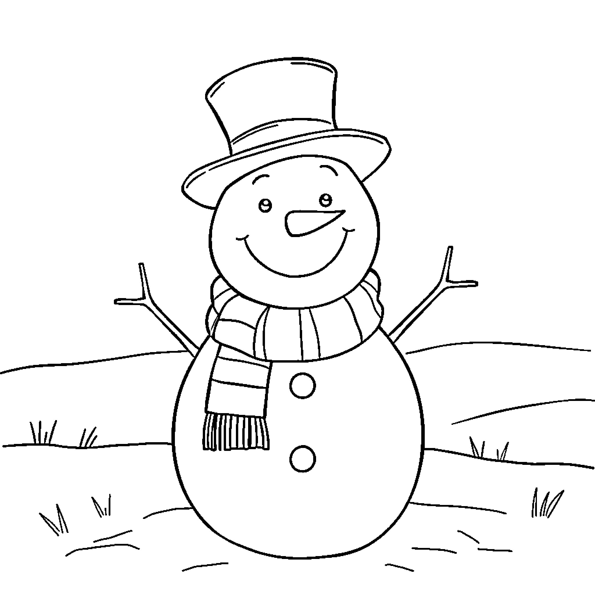 Snowman standing cheerfully in the winter landscape Coloring Page (free black-and-white line drawing printable PDF for all, from beginners to advanced learners, including children, teens, adults, and seniors)