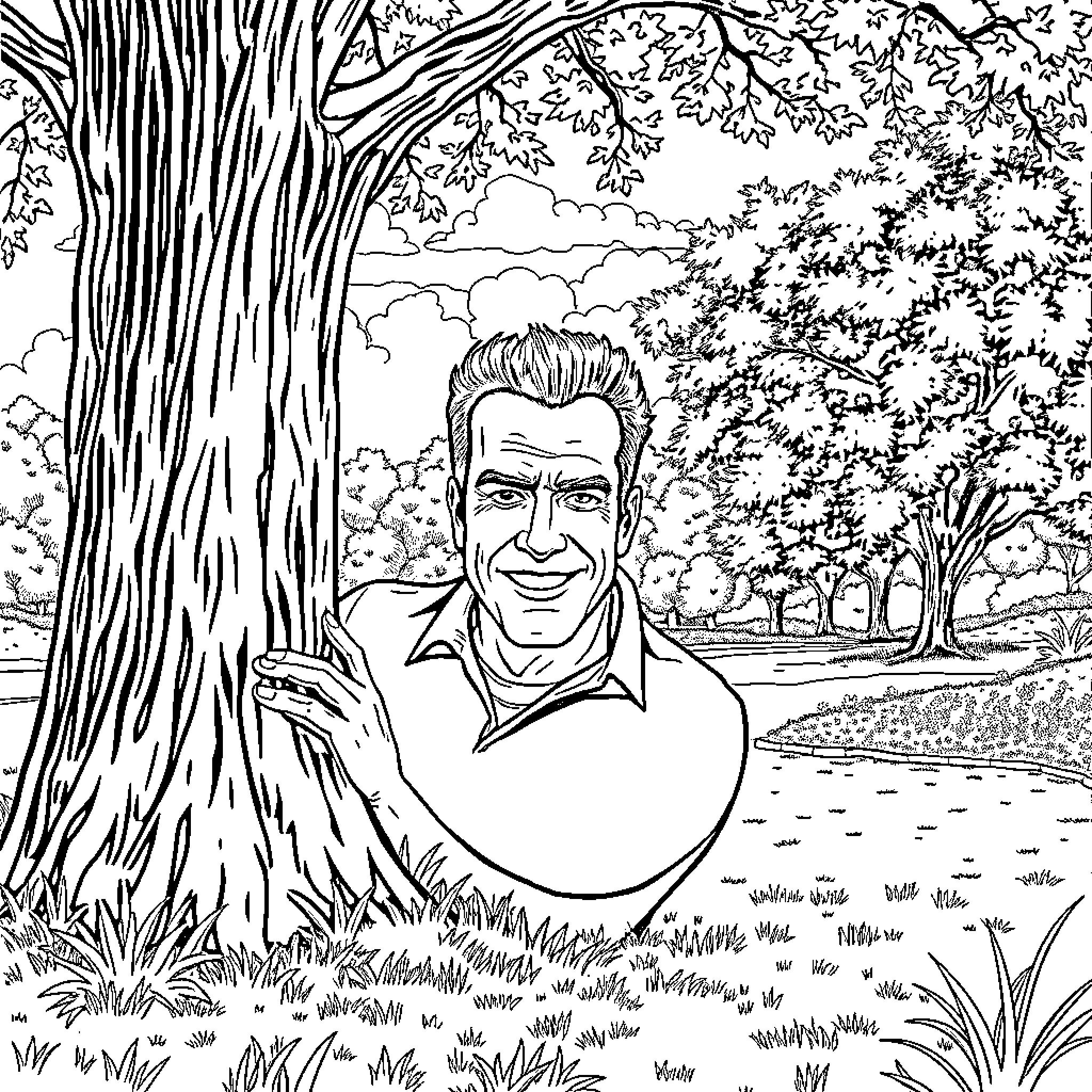 Arnold Schwarzenegger surrounded by nature Coloring Page (free black-and-white line drawing printable PDF for all, from beginners to advanced learners, including children, teens, adults, and seniors)