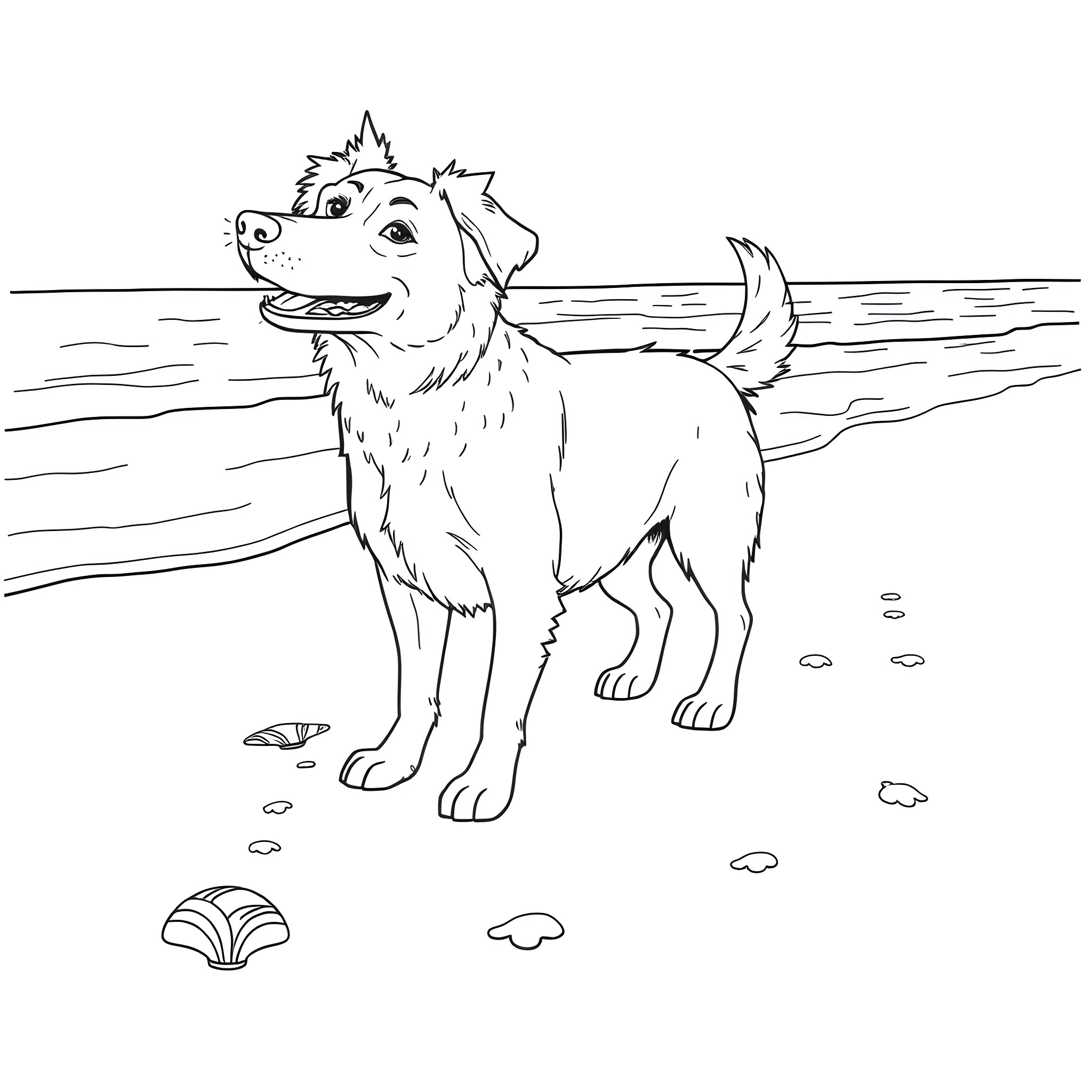 Dog playing happily on the beach Coloring Page (free black-and-white line drawing printable PDF for all, from beginners to advanced learners, including children, teens, adults, and seniors)