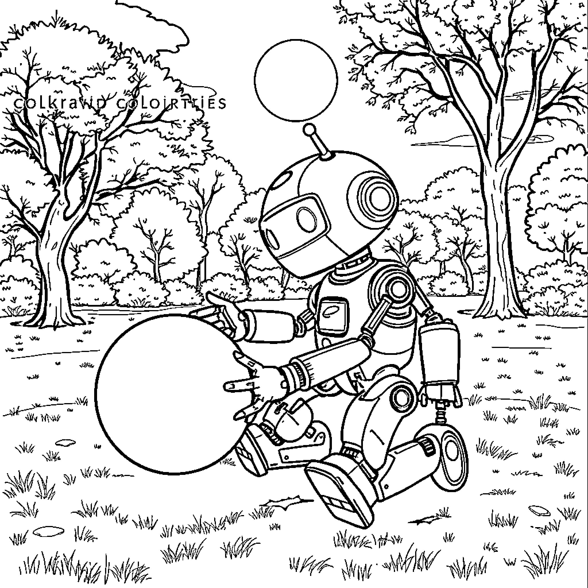 Robot Exploring Nature in Tranquil Landscape Coloring Page (free black-and-white line drawing printable PDF for all, from beginners to advanced learners, including children, teens, adults, and seniors)