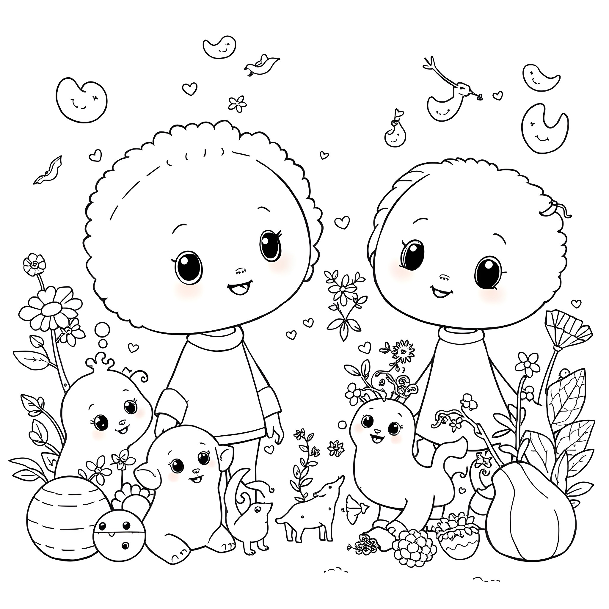 Kawaii Creatures Frolicking in a Whimsical Garden Coloring Page (free black-and-white line drawing printable PDF for all, from beginners to advanced learners, including children, teens, adults, and seniors)